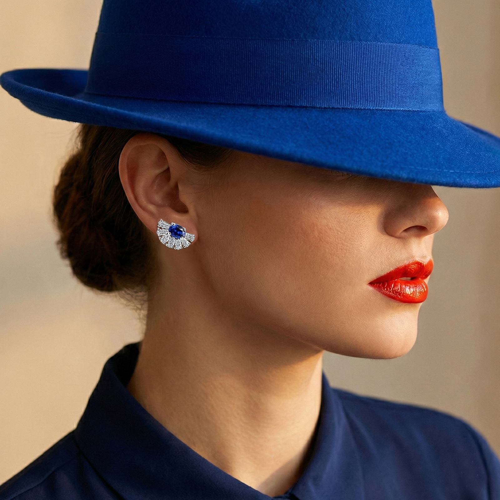 עגילי זהב לבן 14K משובצים יהלומי מעבדה וספיר כחול בעיצוב מניפה 8*8 מלימטר