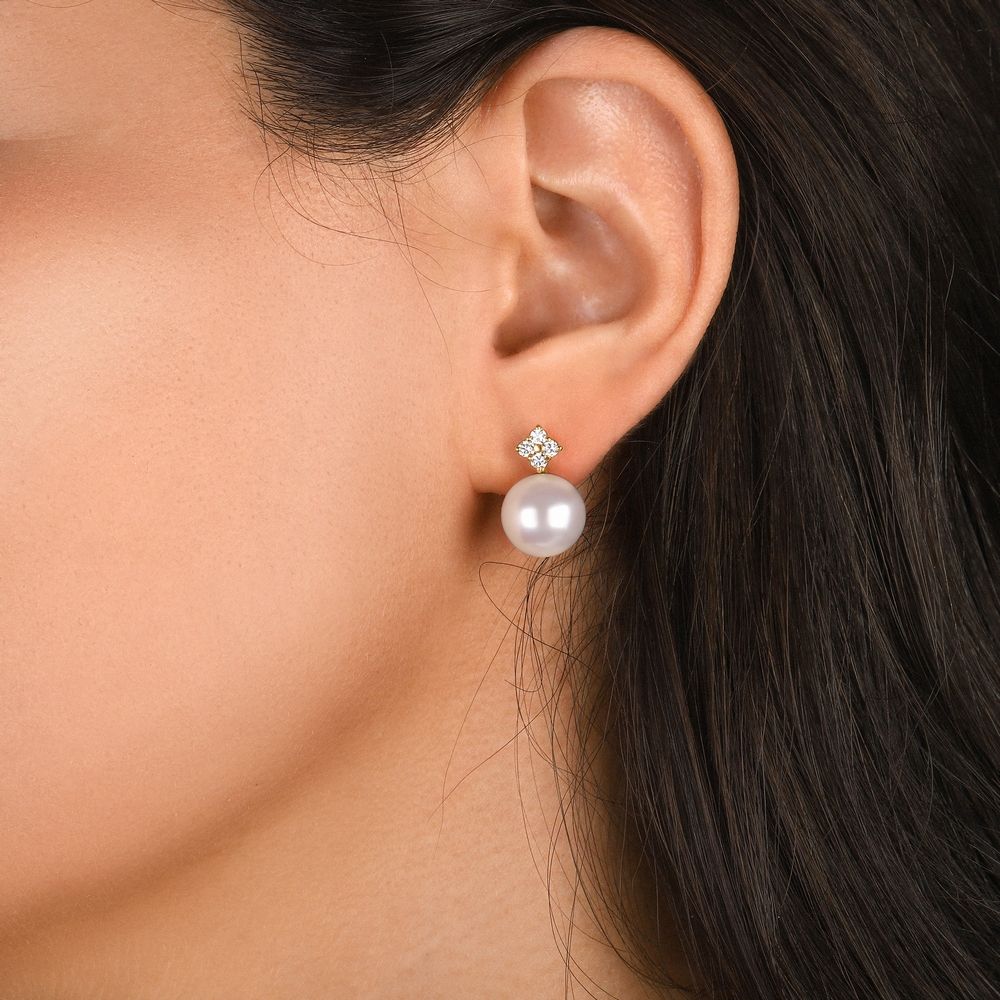 עגילי זהב בשיבוץ פנינים ויהלומים