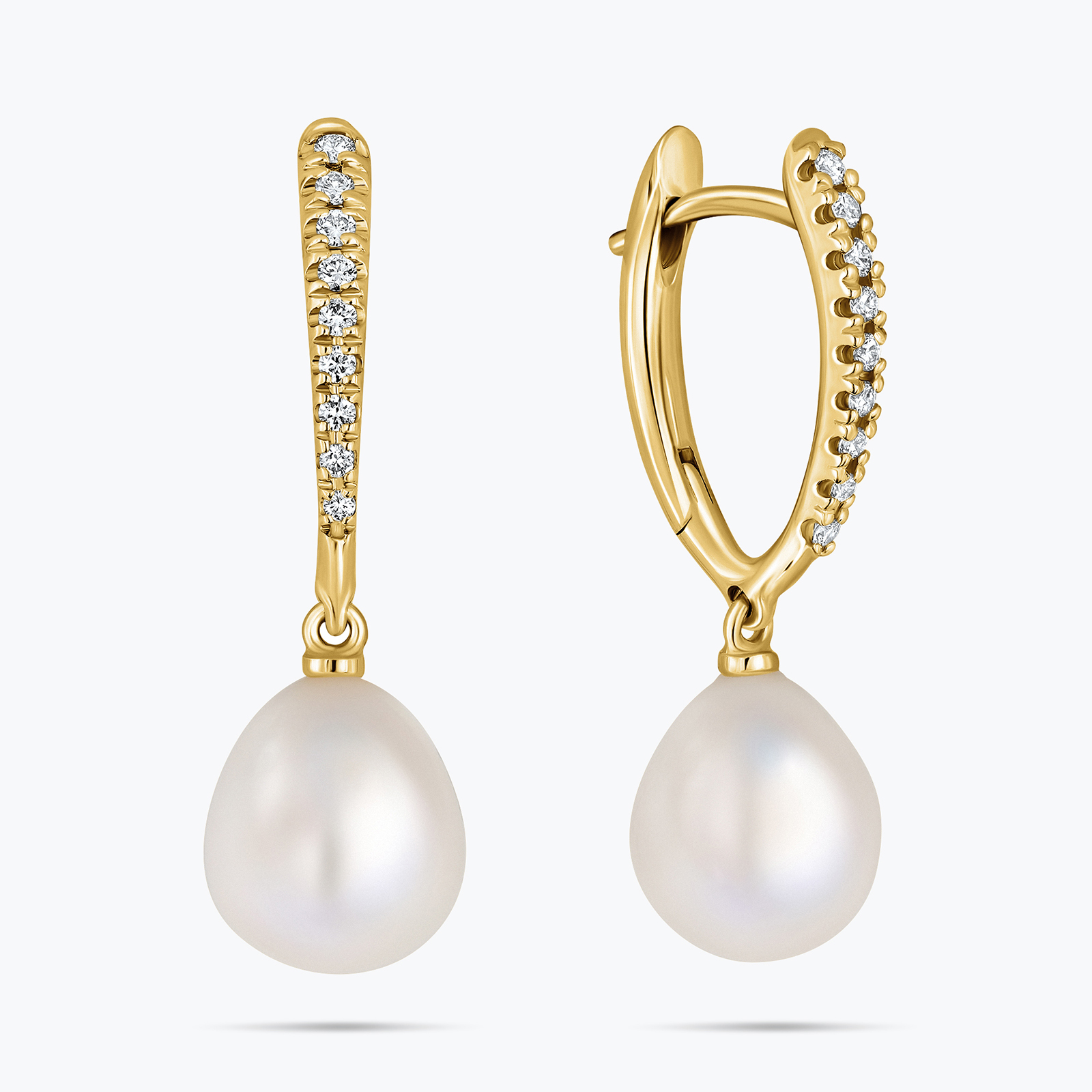 עגילי זהב 14K בעיצוב תלוי עם פנינה ויהלומים טבעיים