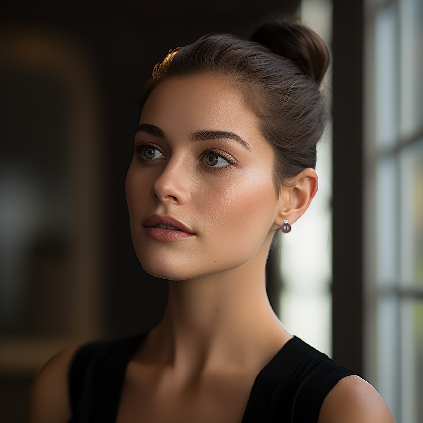 עגילי פנינה שחורות בשיבוץ יהלום