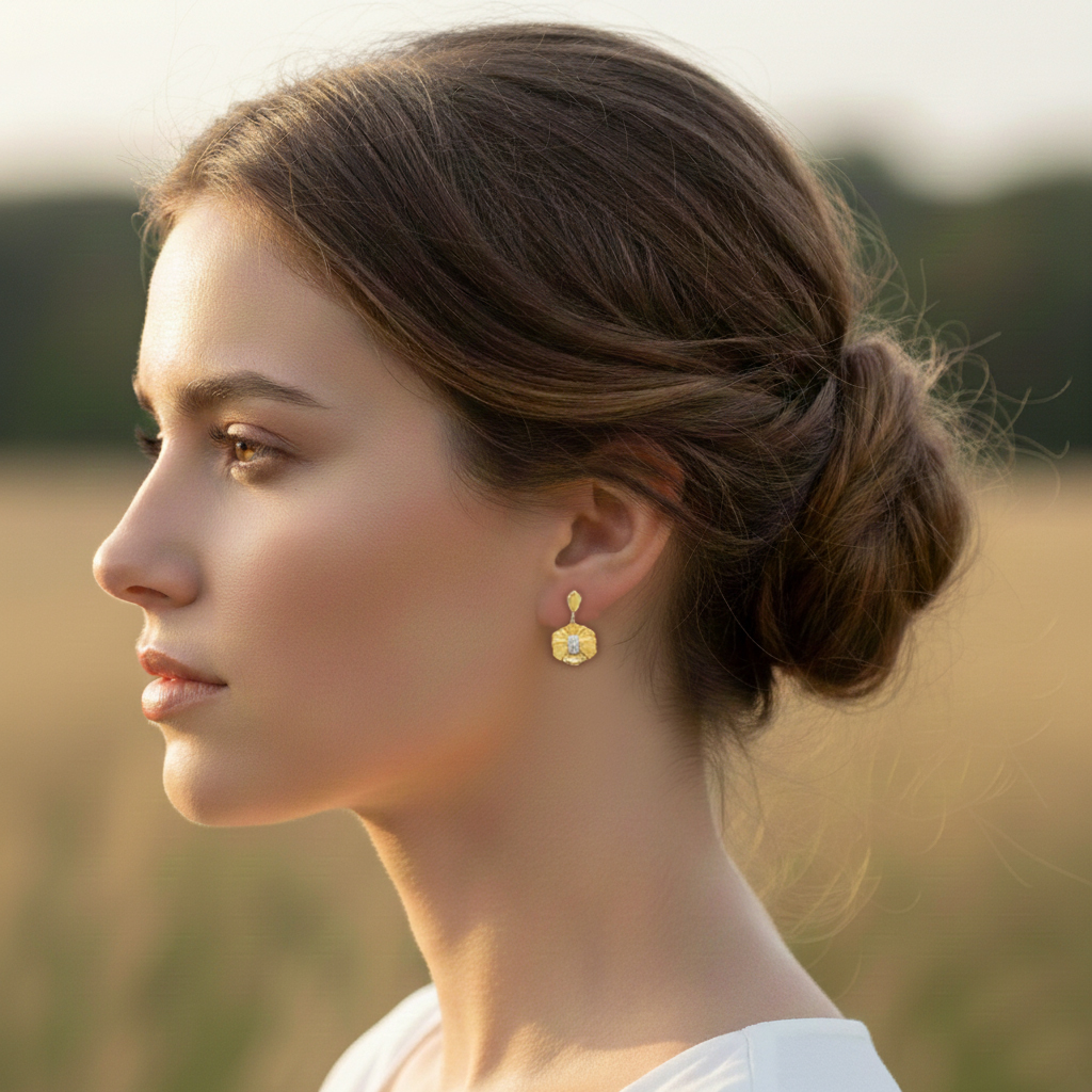 עגילי זהב 14K בעיצוב פרח דו גווני תלויים