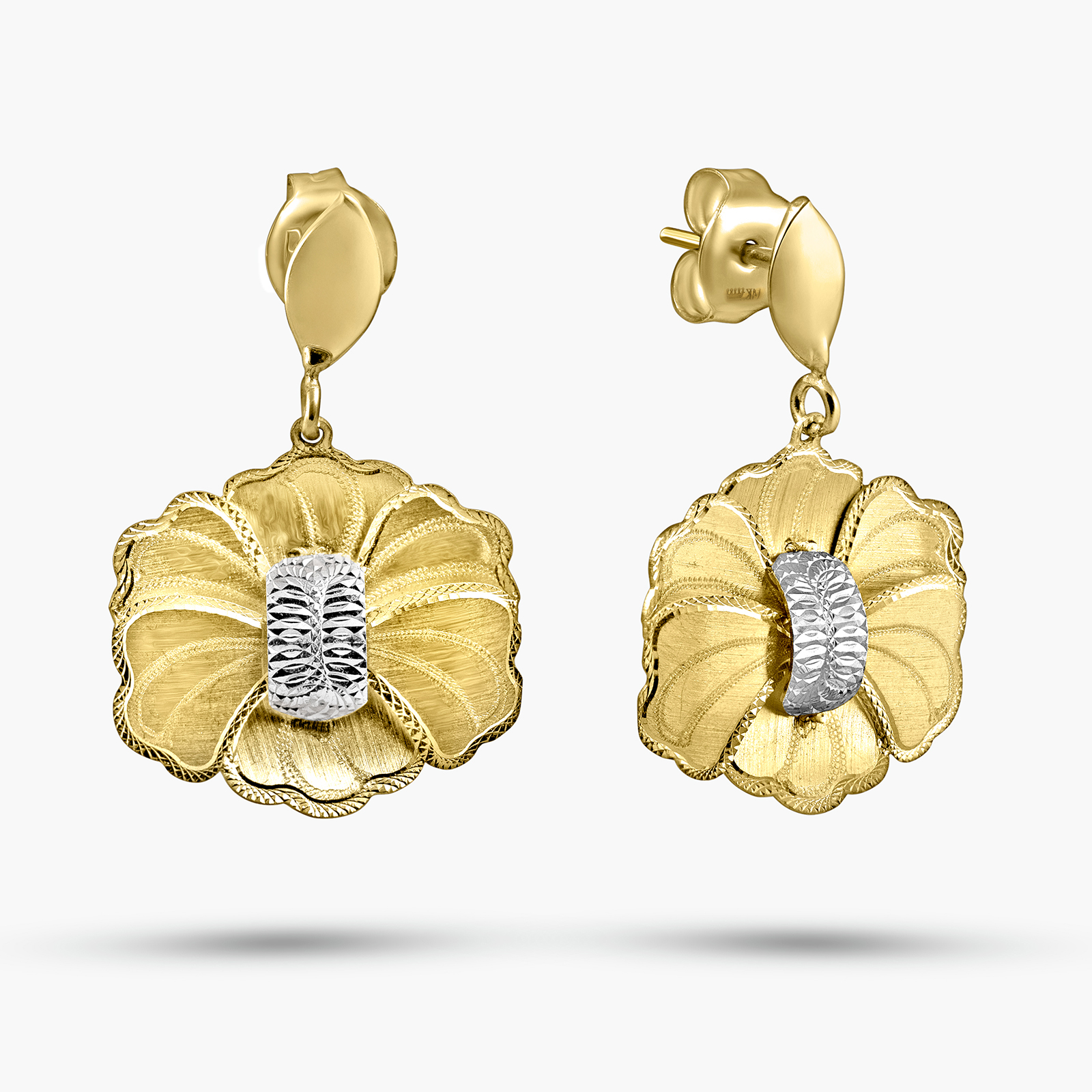 עגילי זהב 14K בעיצוב פרח דו גווני תלויים