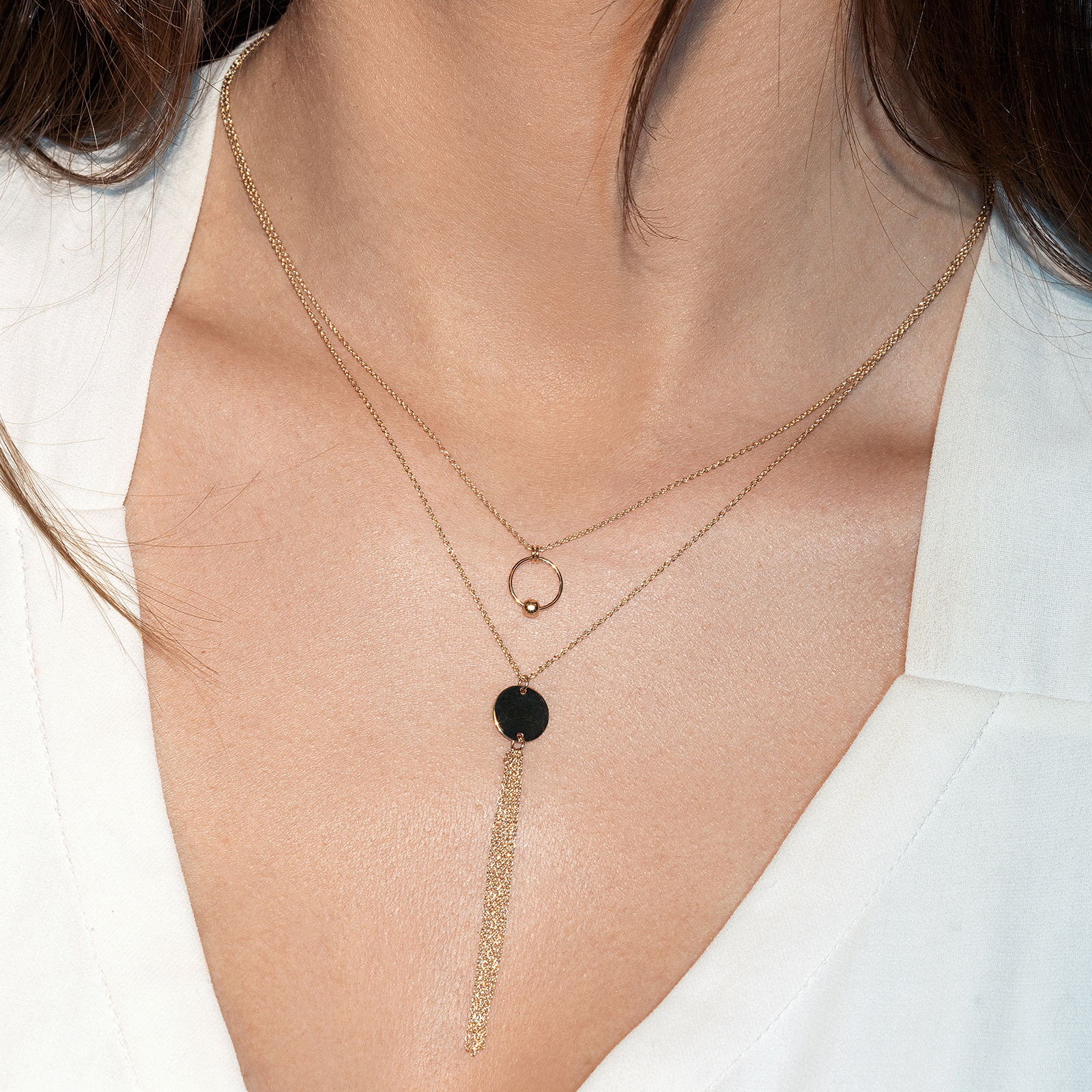 שרשרת זהב בשילוב טבעות זהב בגדלים שונים