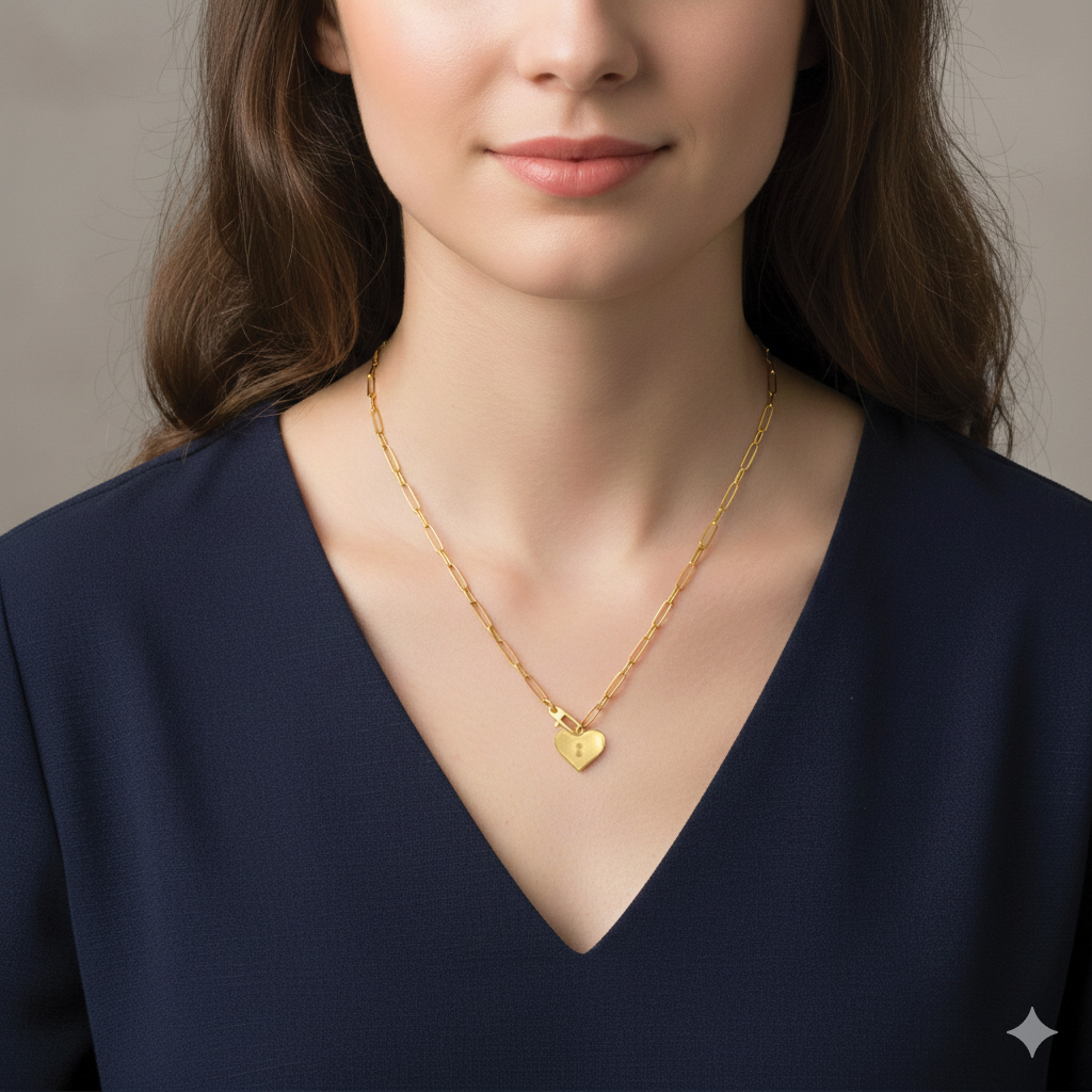 שרשרת זהב 14K עם תליון לב בעיצוב מנעול
