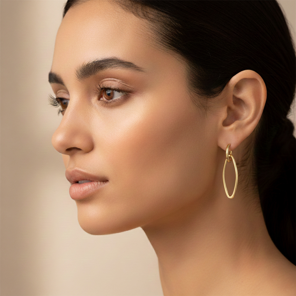 עגילי זהב 14K עם חישוקים אליפטיים תלויים