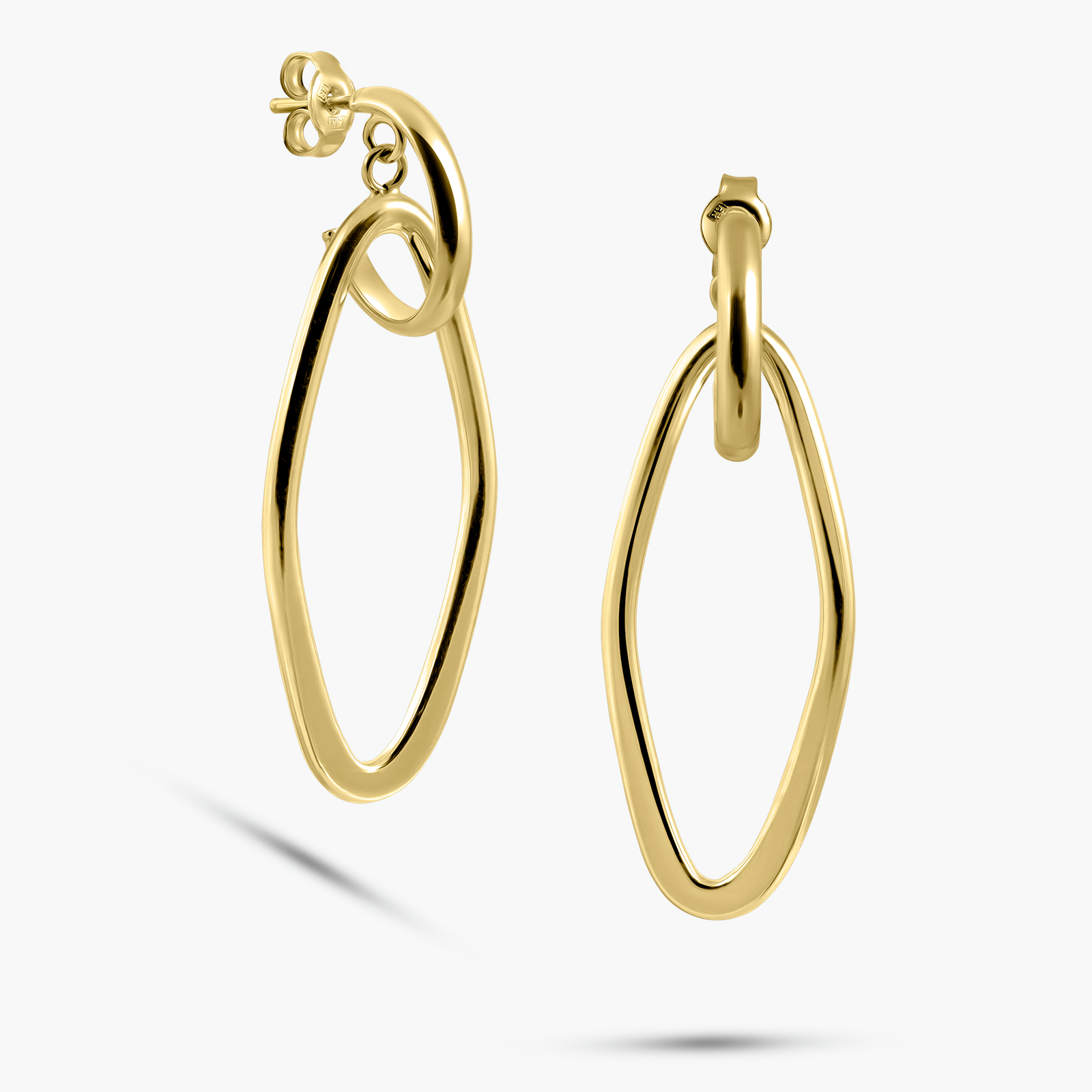 עגילי זהב 14K עם חישוקים אליפטיים תלויים