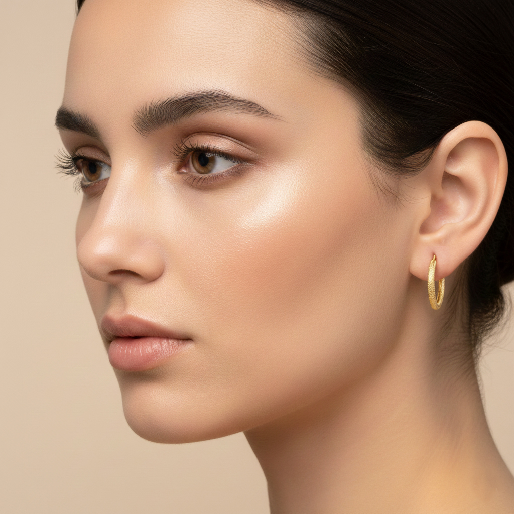 עגילי חישוק מזהב 14K בגימור לייזר מנצנץ