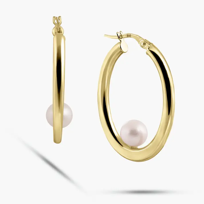 עגילי חישוק מזהב 14K עם פנינה