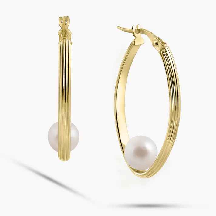 עגילי חישוק אובליים בשילוב פנינה