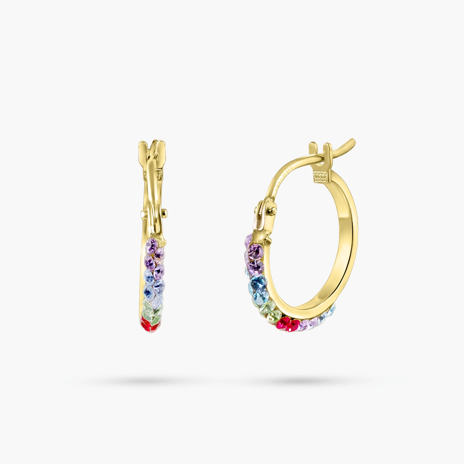 עגילי חישוק מזהב 14K עם שיבוץ אבני סברובסקי צבעוניות