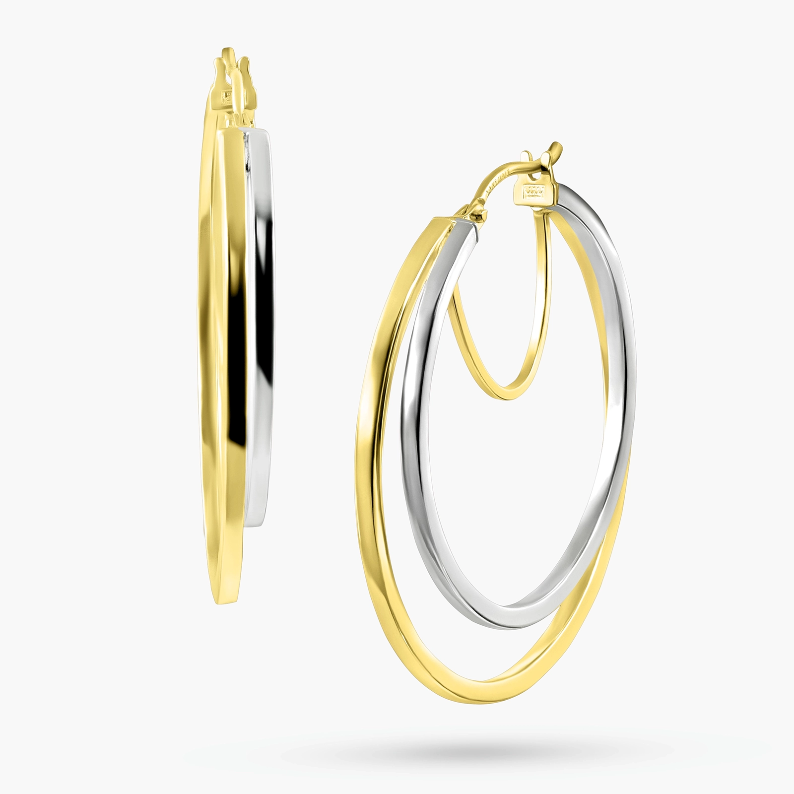 עגילי חישוק כפולים מזהב 14K בשילוב ביקולור