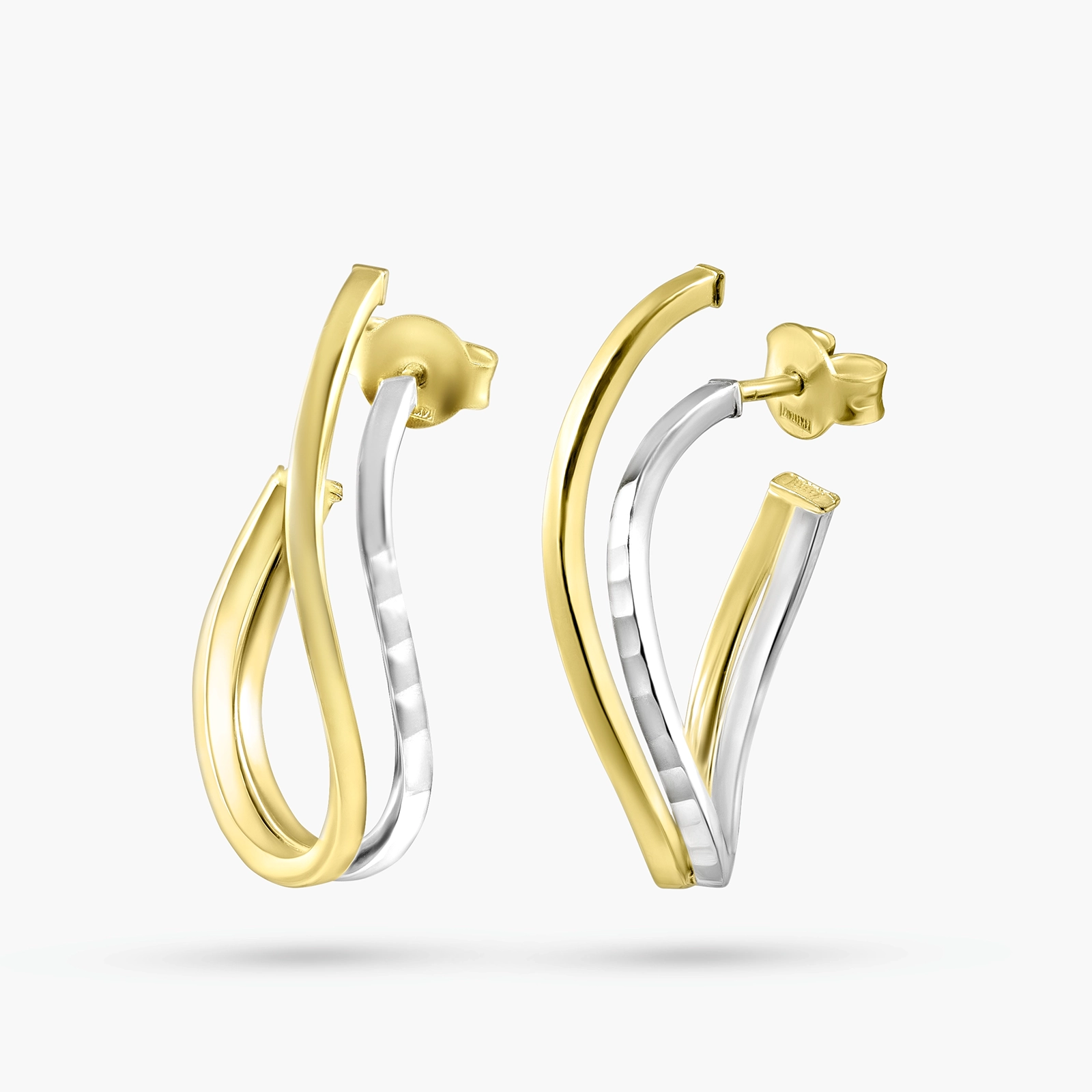 עגילי זהב 14K ביקולור במראה גלי מלא תנועה