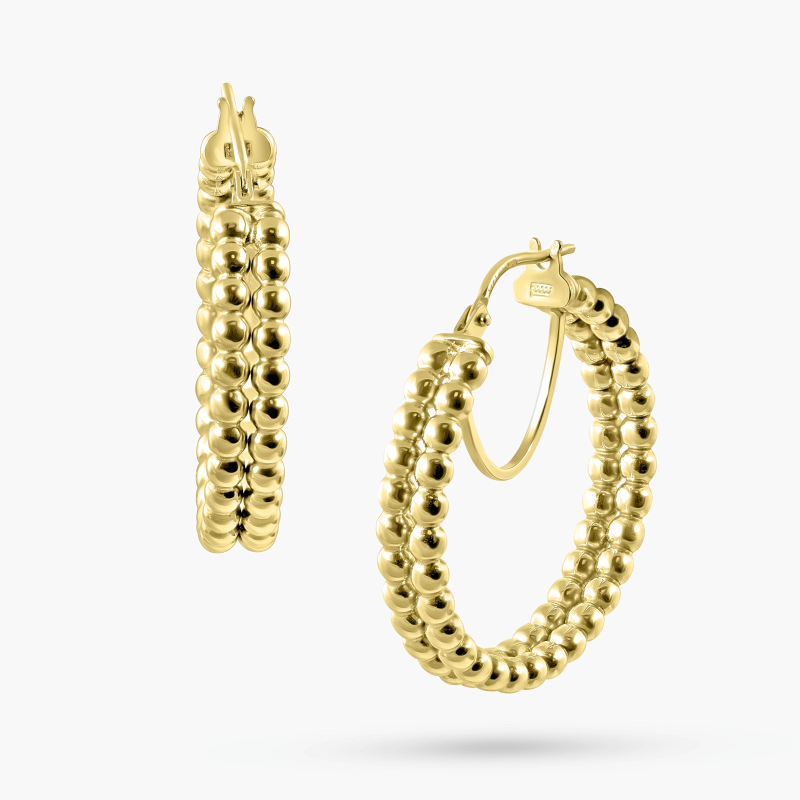 עגילי חישוק כפולים מזהב 14K במראה כדוריות זהב