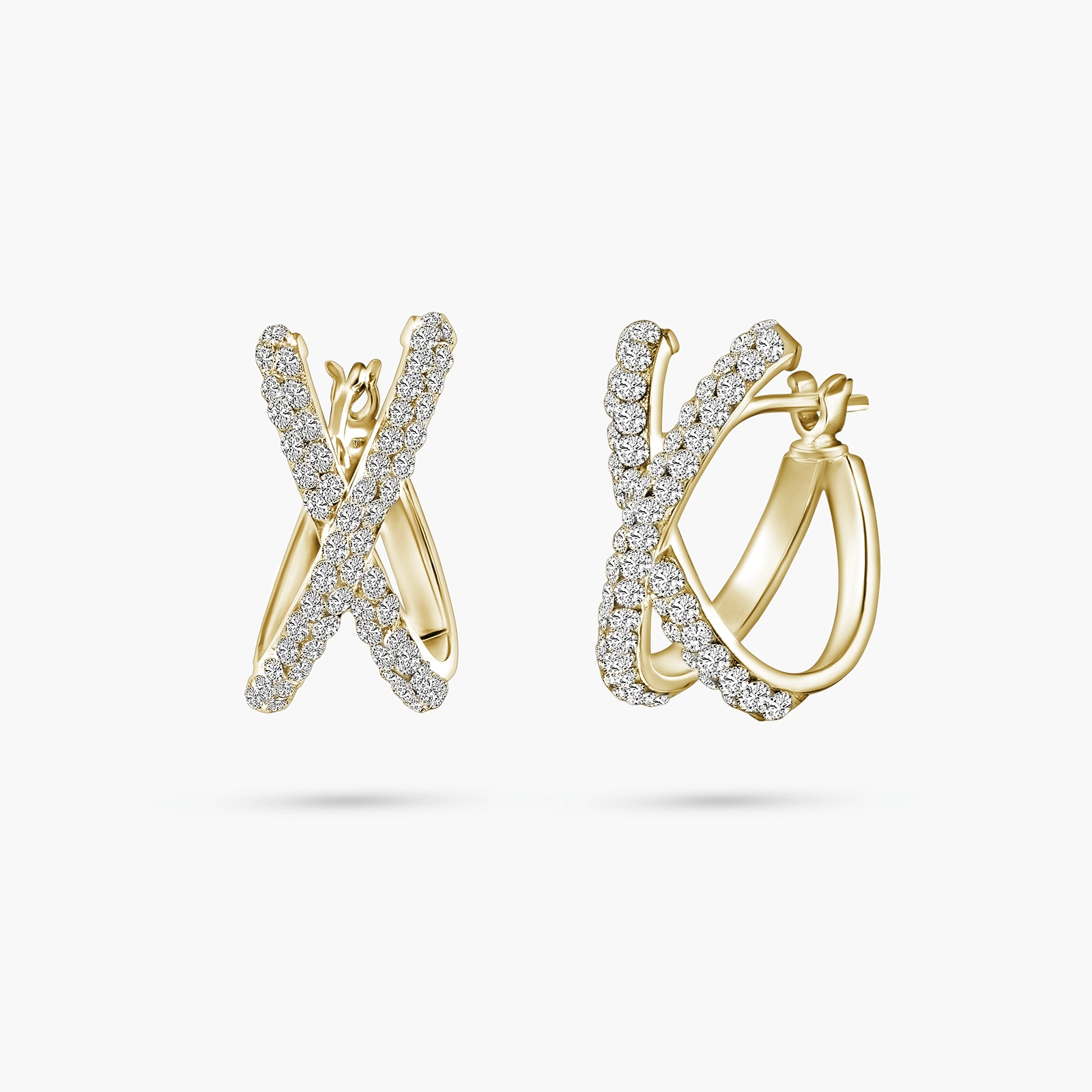 עגילי זהב בעיצוב איקס מודרני ובשיבוץ אבני סברובסקי נוצצות