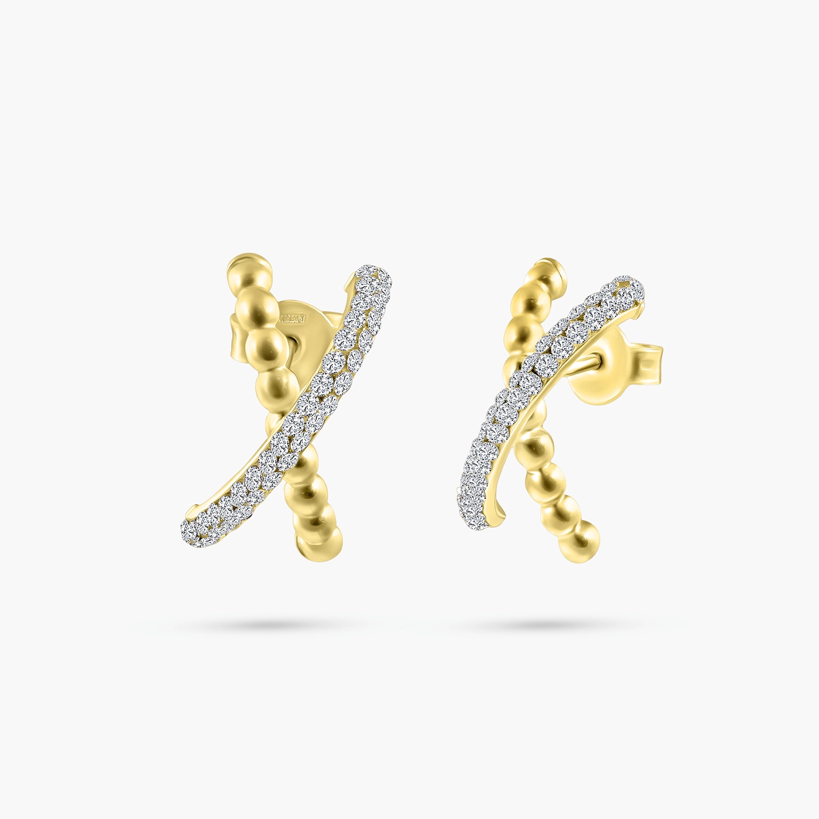 עגילי זהב 14K בצורת איקס בשילוב כדוריות זהב ושיבוץ אבני סברובסקי נוצצות