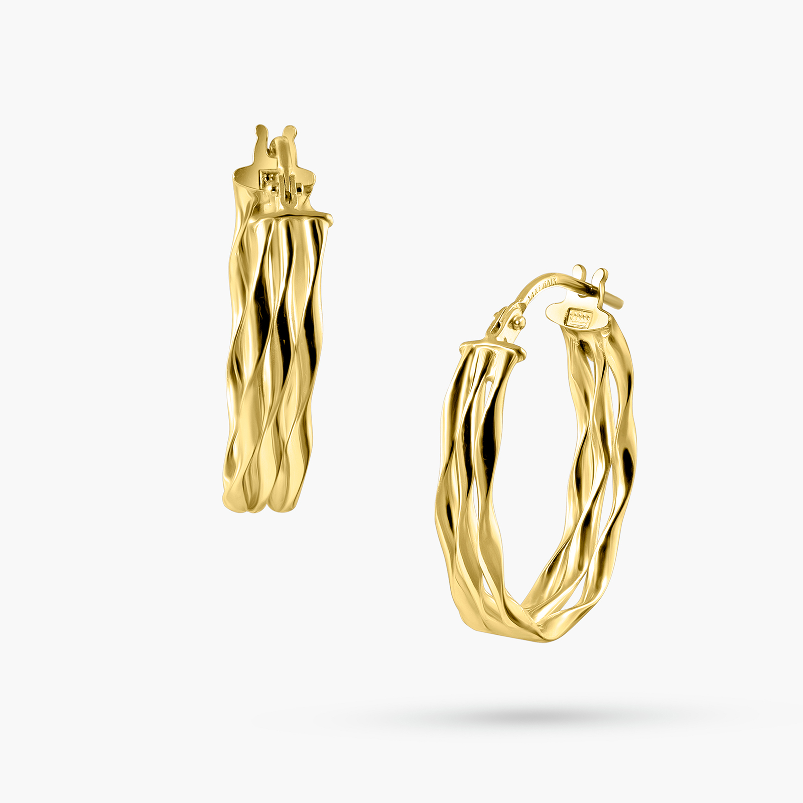 עגילי חישוק מזהב עם טוויסט גלי מלא תנועה