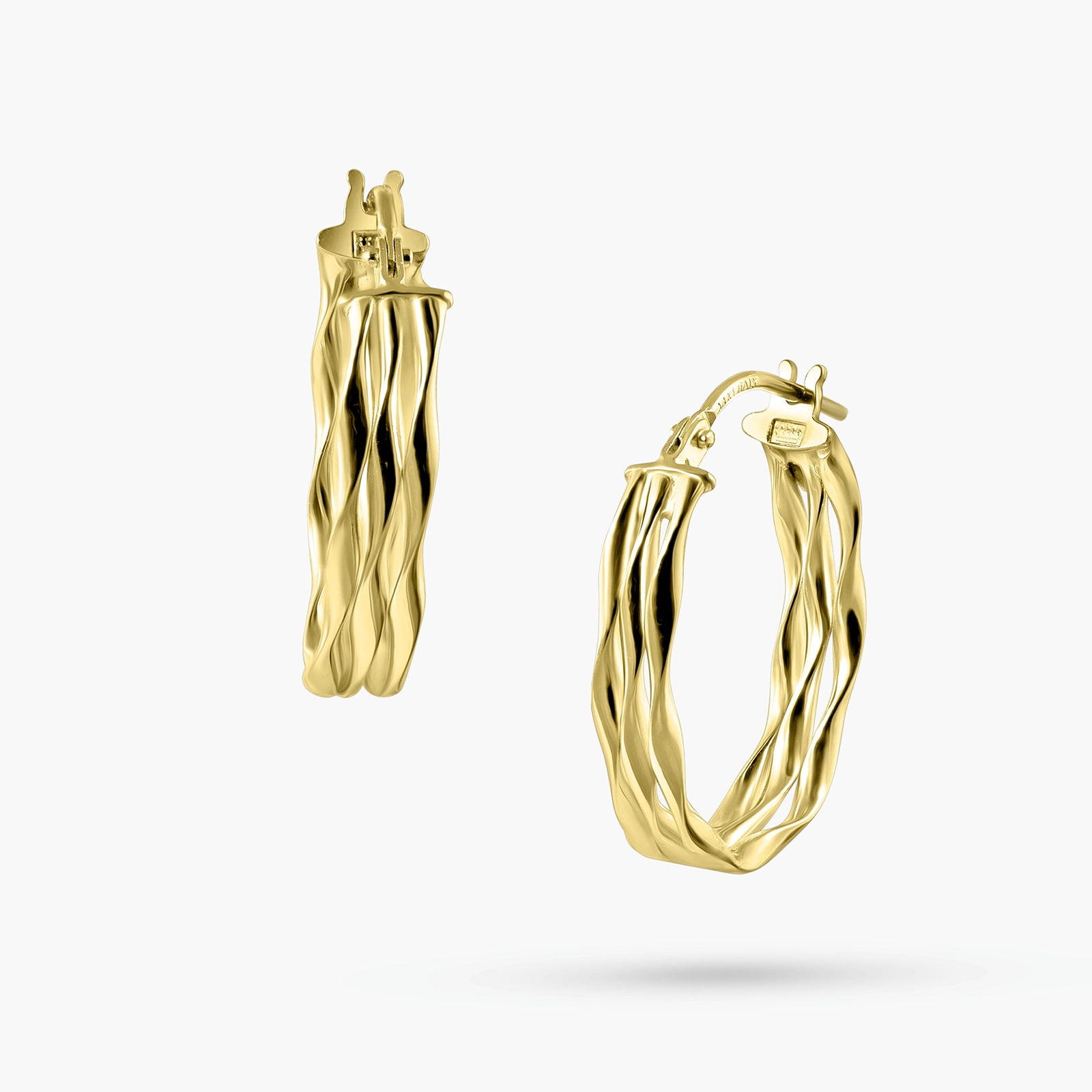 עגילי חישוק מזהב עם טוויסט גלי מלא תנועה