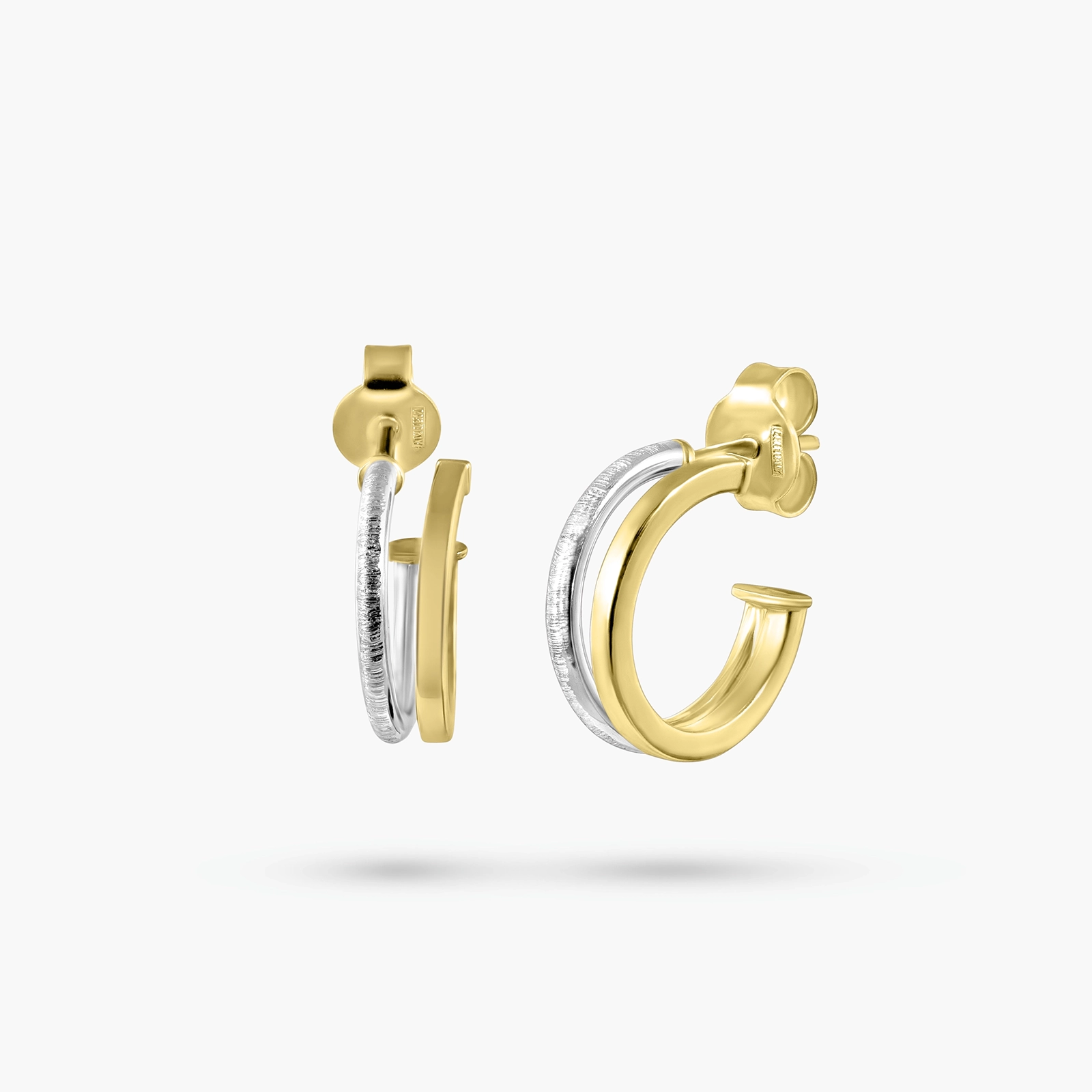 עגילי חישוק כפול מזהב 14K ביקולור בגימור מוברש ומט