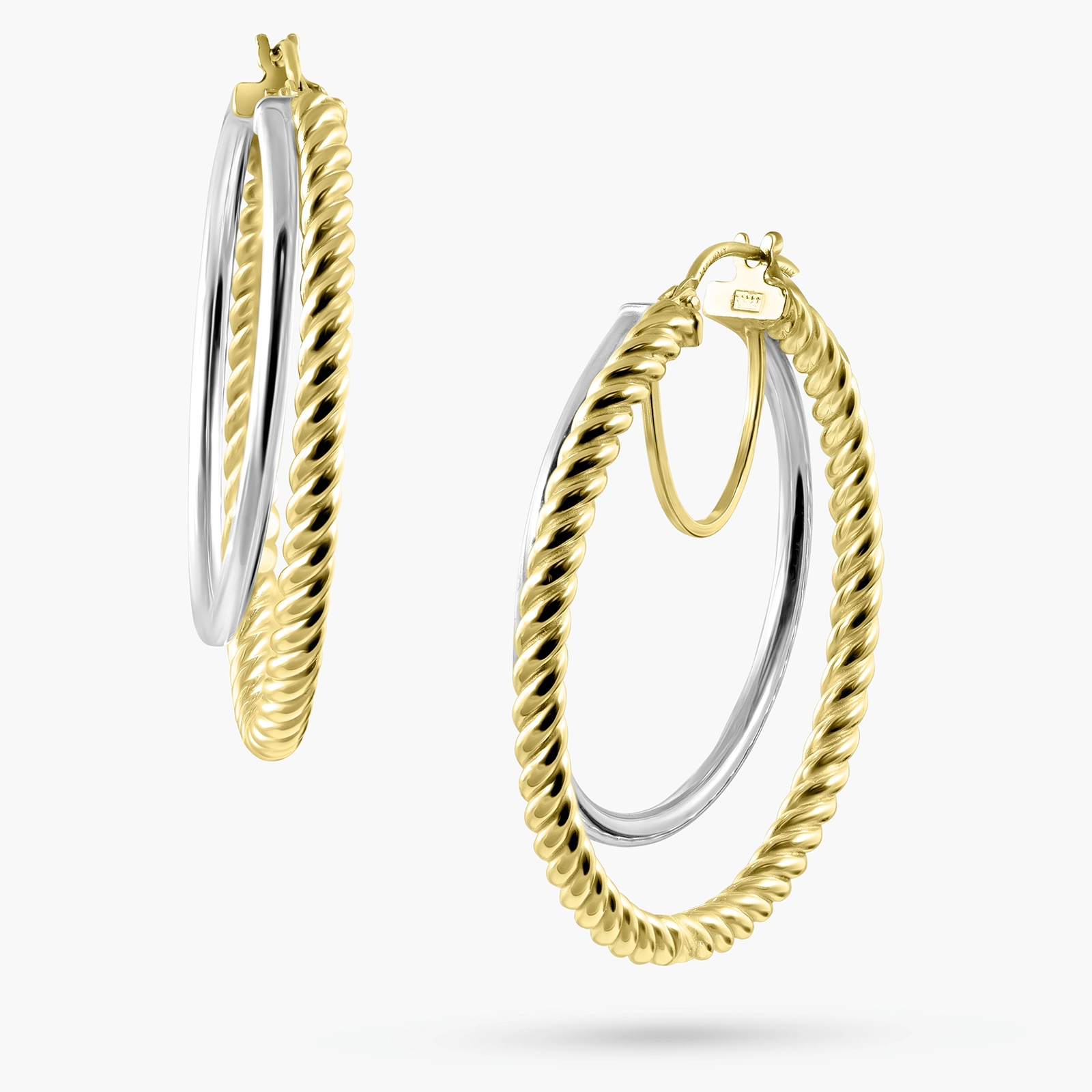 עגילי זהב ביקולור  14K עם חישוק כפול בגימור משתנה