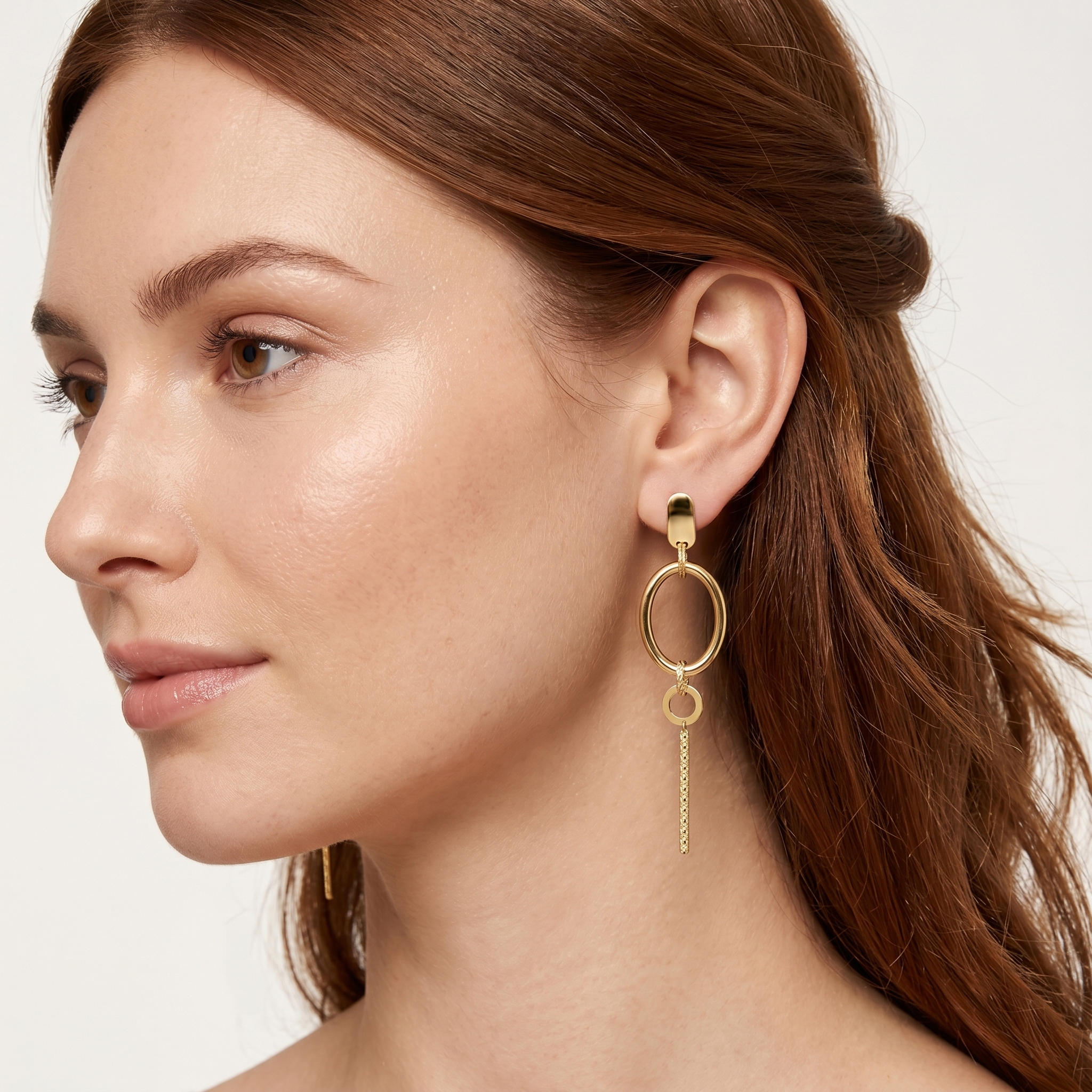 עגילי זהב 14K בעיצוב אליפסה תלוי ארוך 8.5 ס"מ