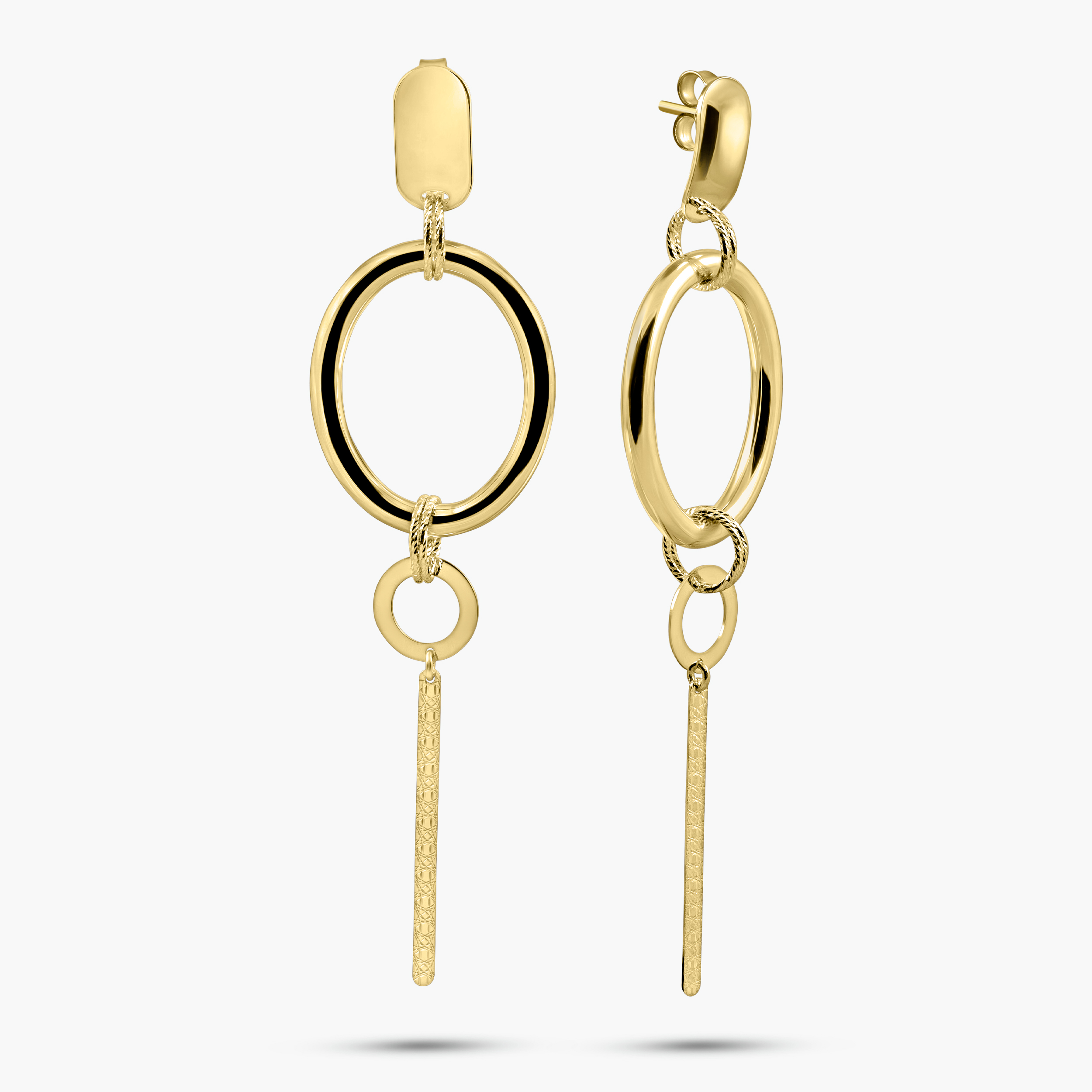 עגילי זהב 14K בעיצוב אליפסה תלוי ארוך 8.5 ס"מ