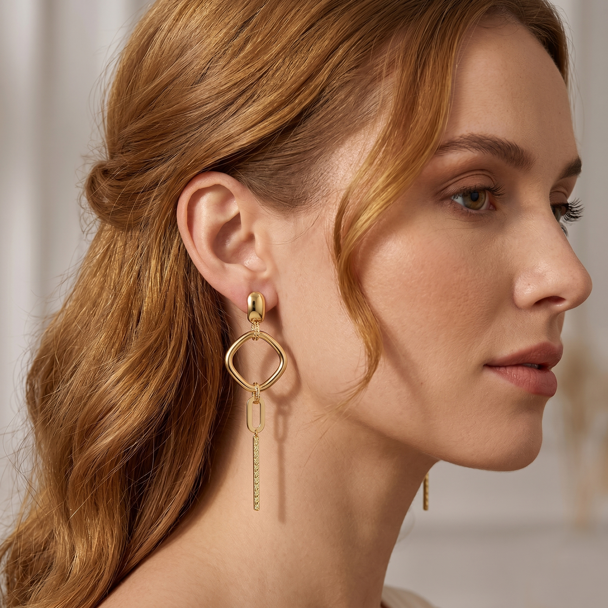 עגילי זהב 14K בעיצוב מרובע תלוי ארוך 8.5 ס"מ