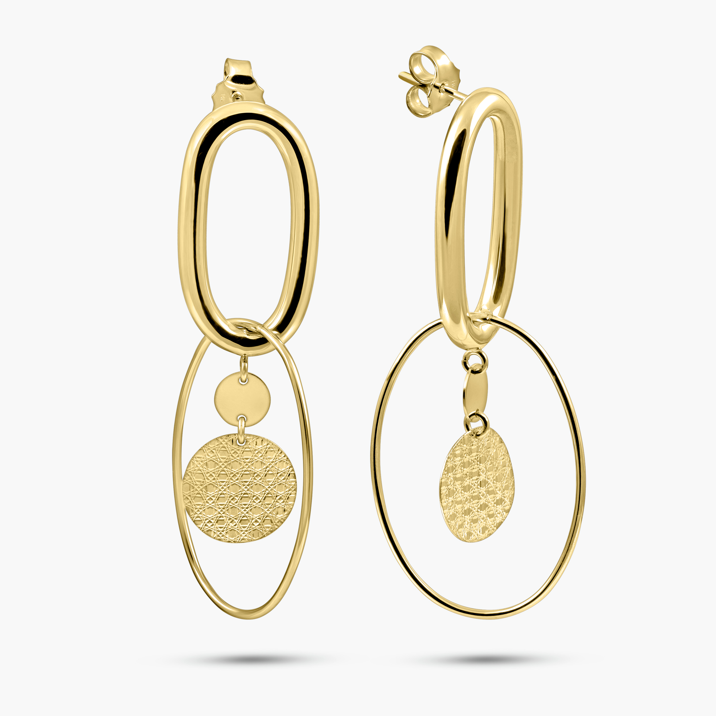 עגילי זהב 14K עם אליפסות מדורגות ותליון מטקסטורה