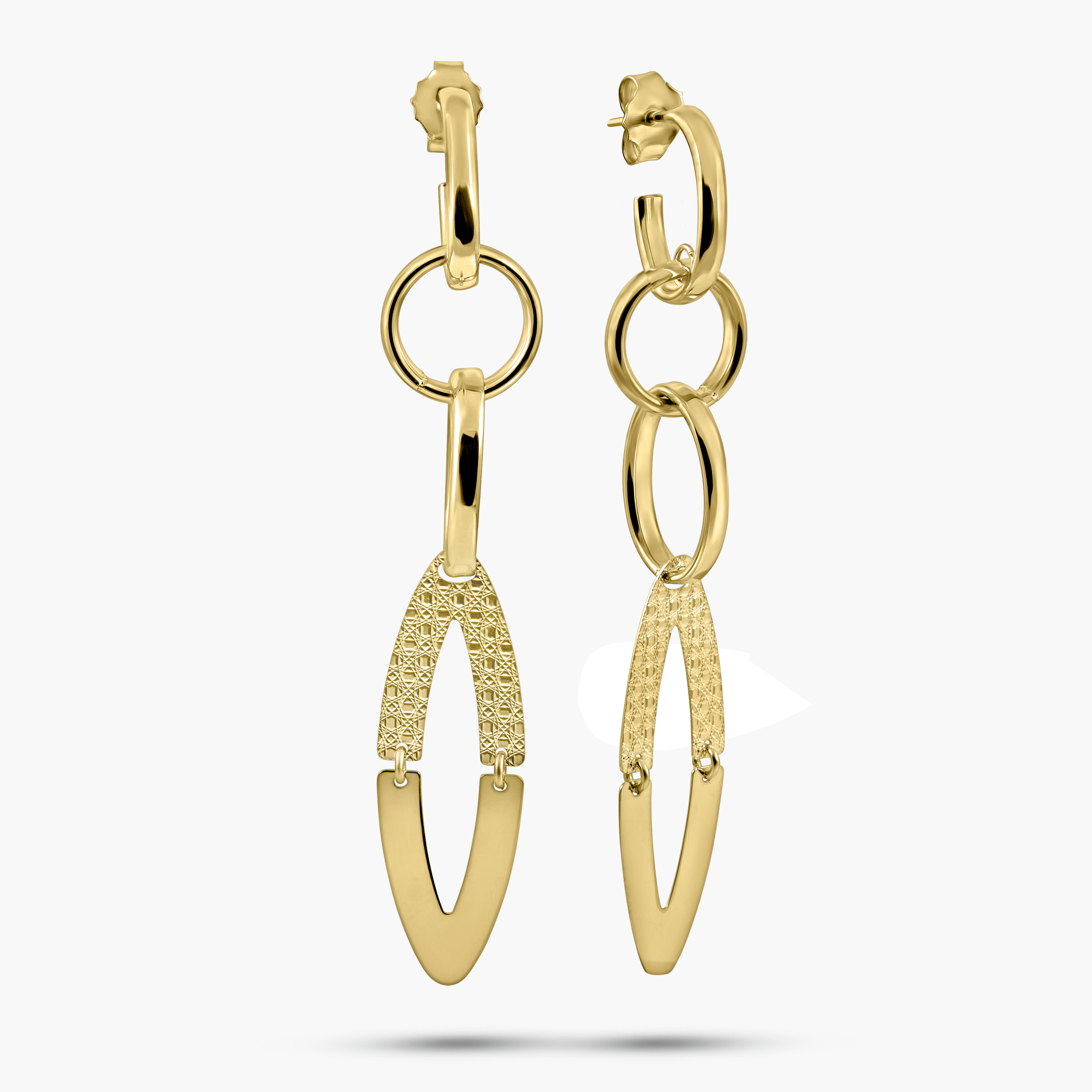 עגילי זהב 14K ארוכים עם חוליות משולבות וטקסטורה