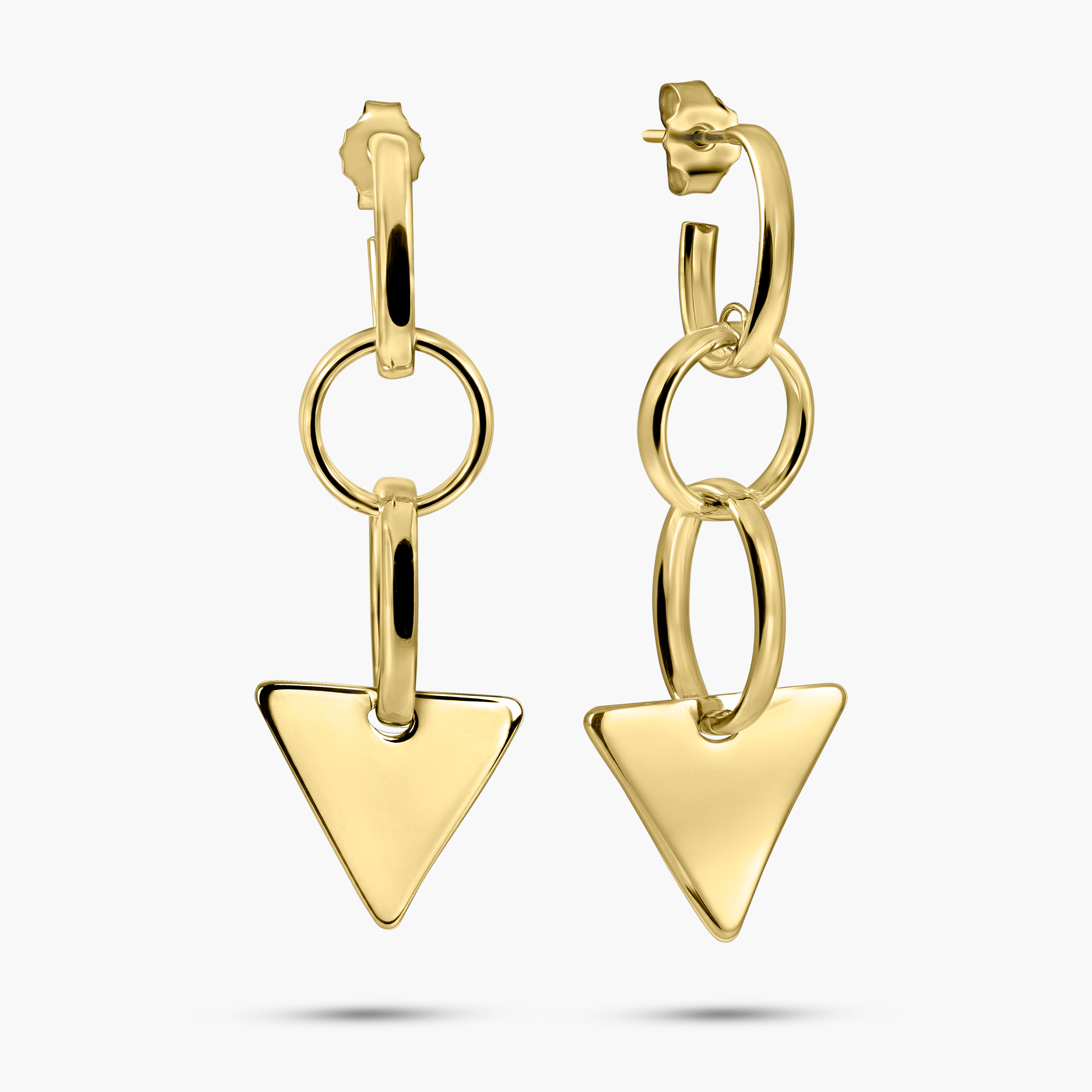 עגילי זהב 14K עם משולש וחוליות גיאומטריות