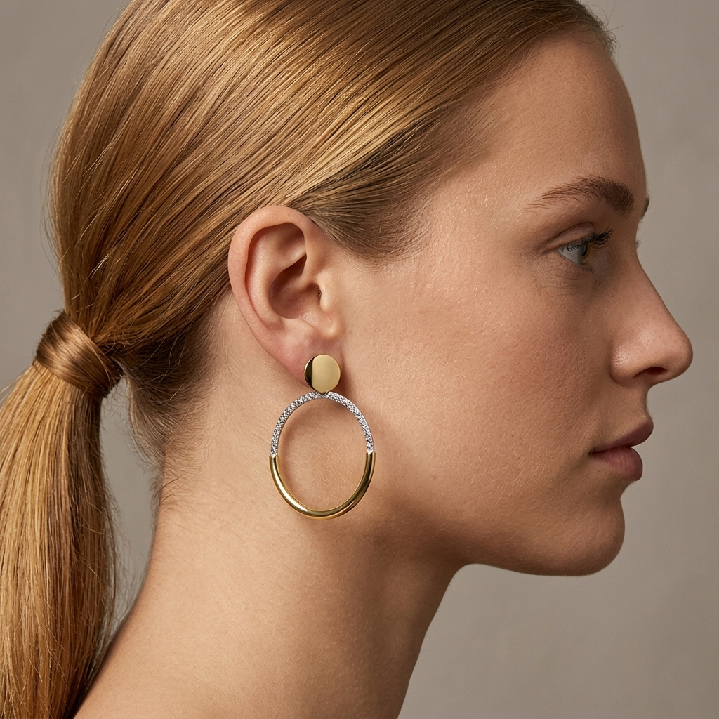 עגילי זהב 14K חישוק דו גוני במראה מודרני