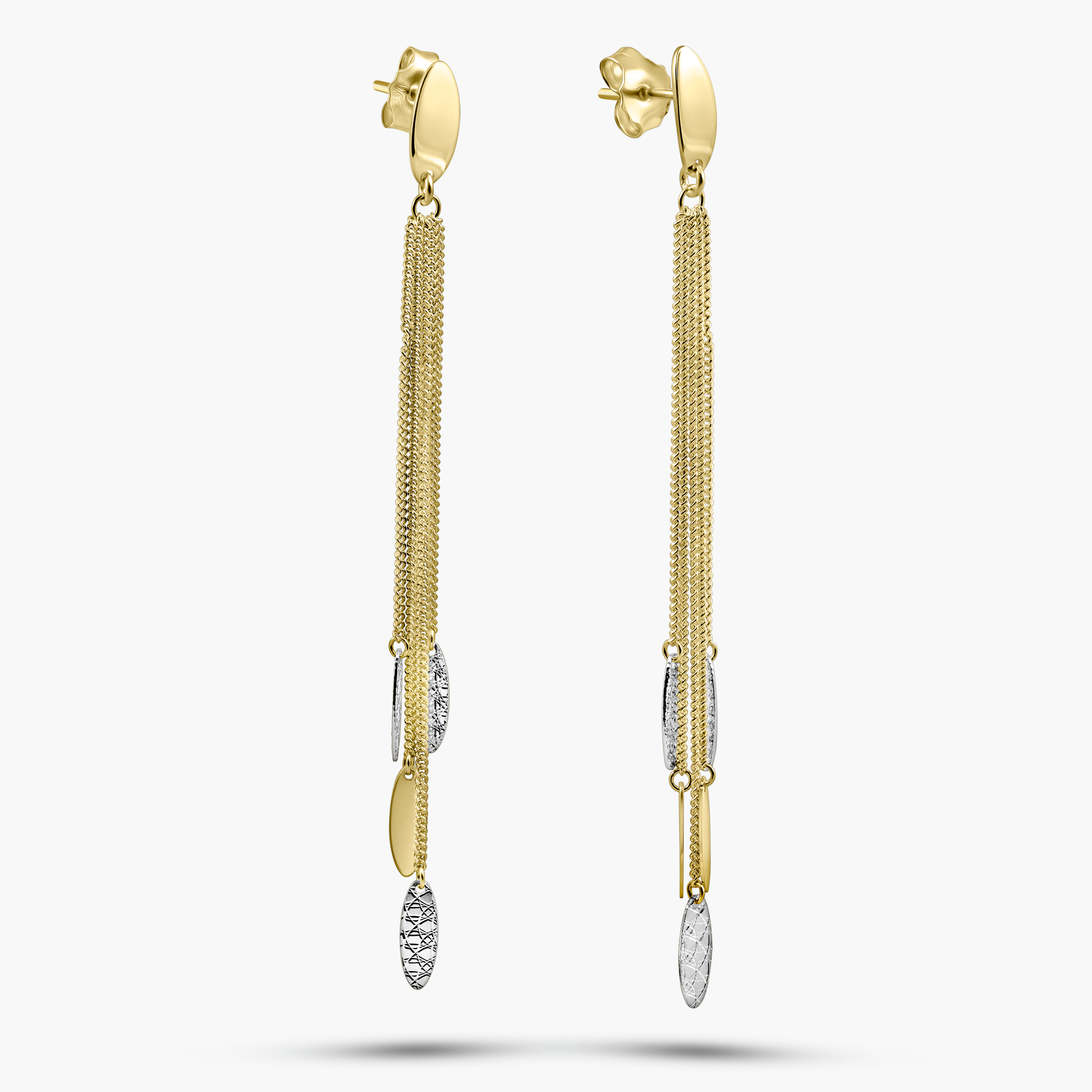 עגילי זהב 14K ארוכים עם אלמנטים מדורגים ודוגמה