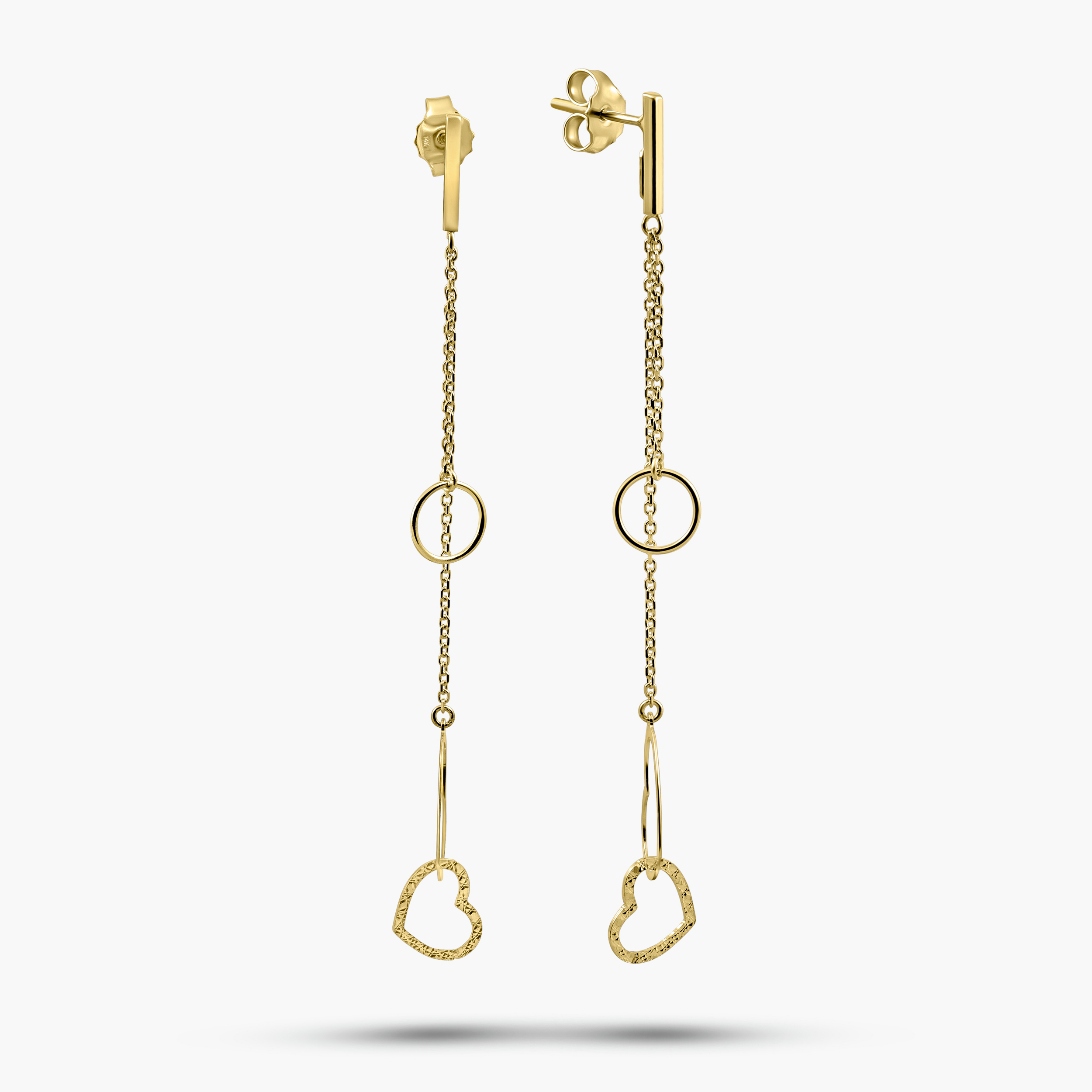 עגילי זהב 14K ארוכים עם אלמנט לבבות