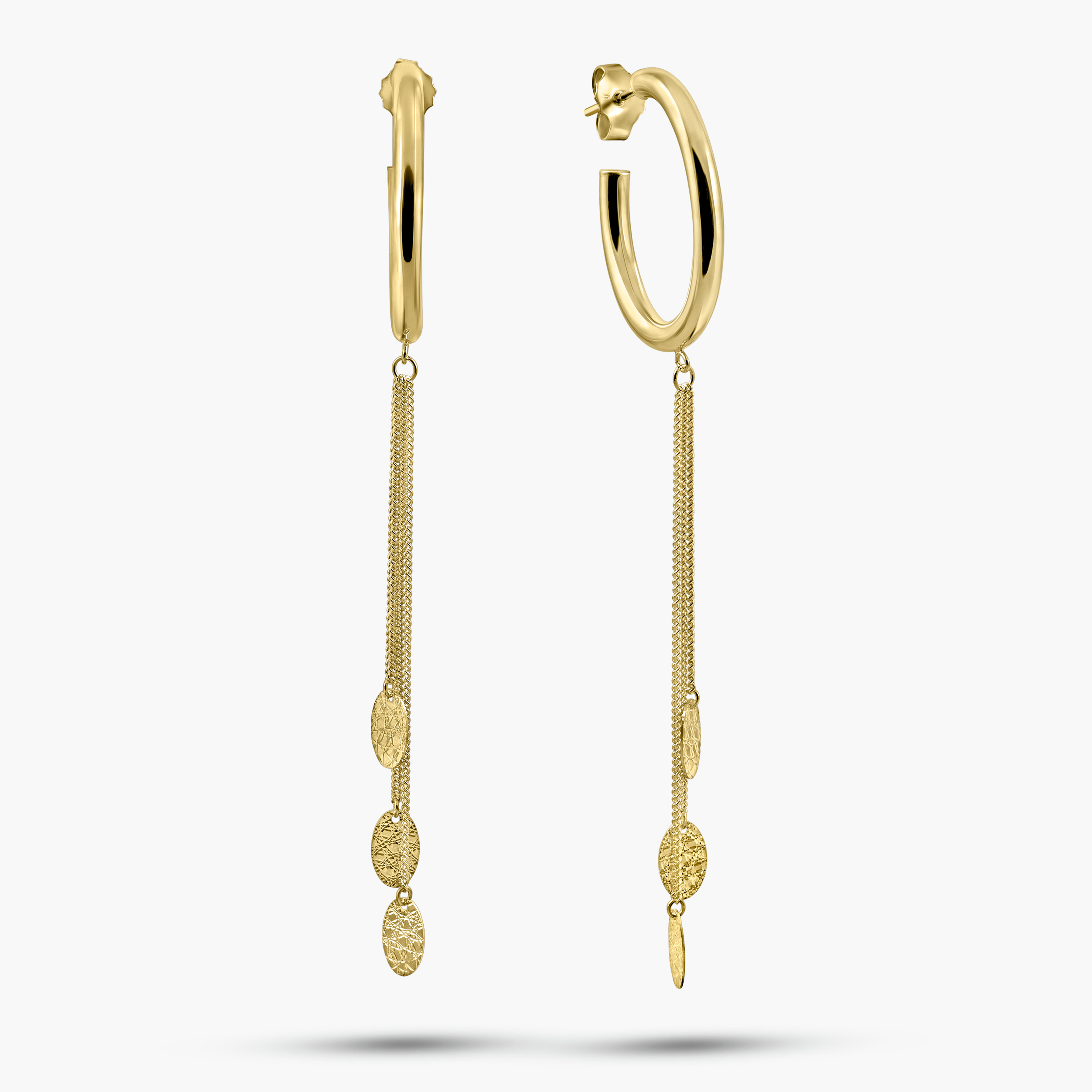 עגילי זהב 14K בעיצוב חישוק עם שרשראות וטיפות אובליות 9 ס"מ