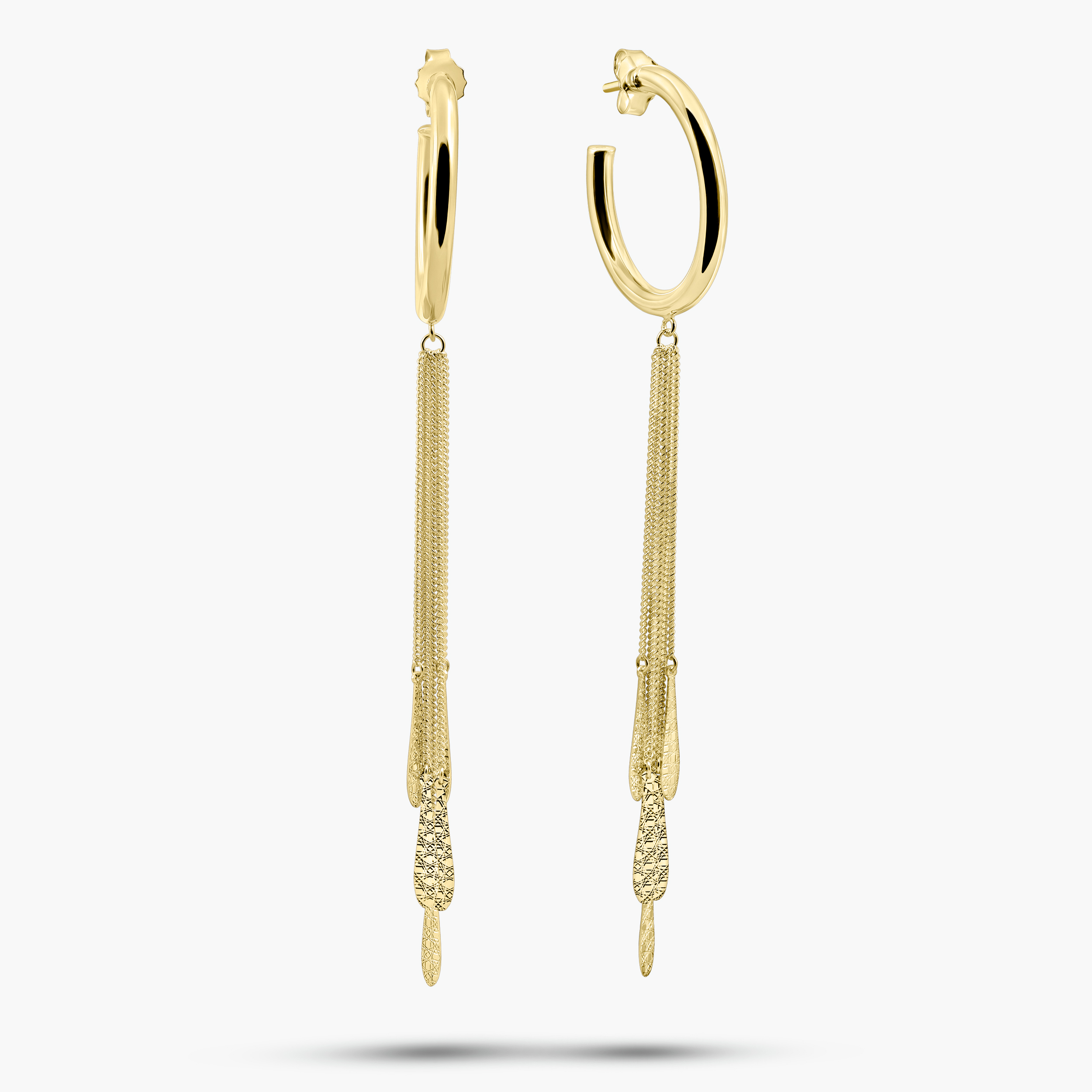 עגילי זהב 14K בעיצוב חישוק עם שרשראות וטיפות ארוכות