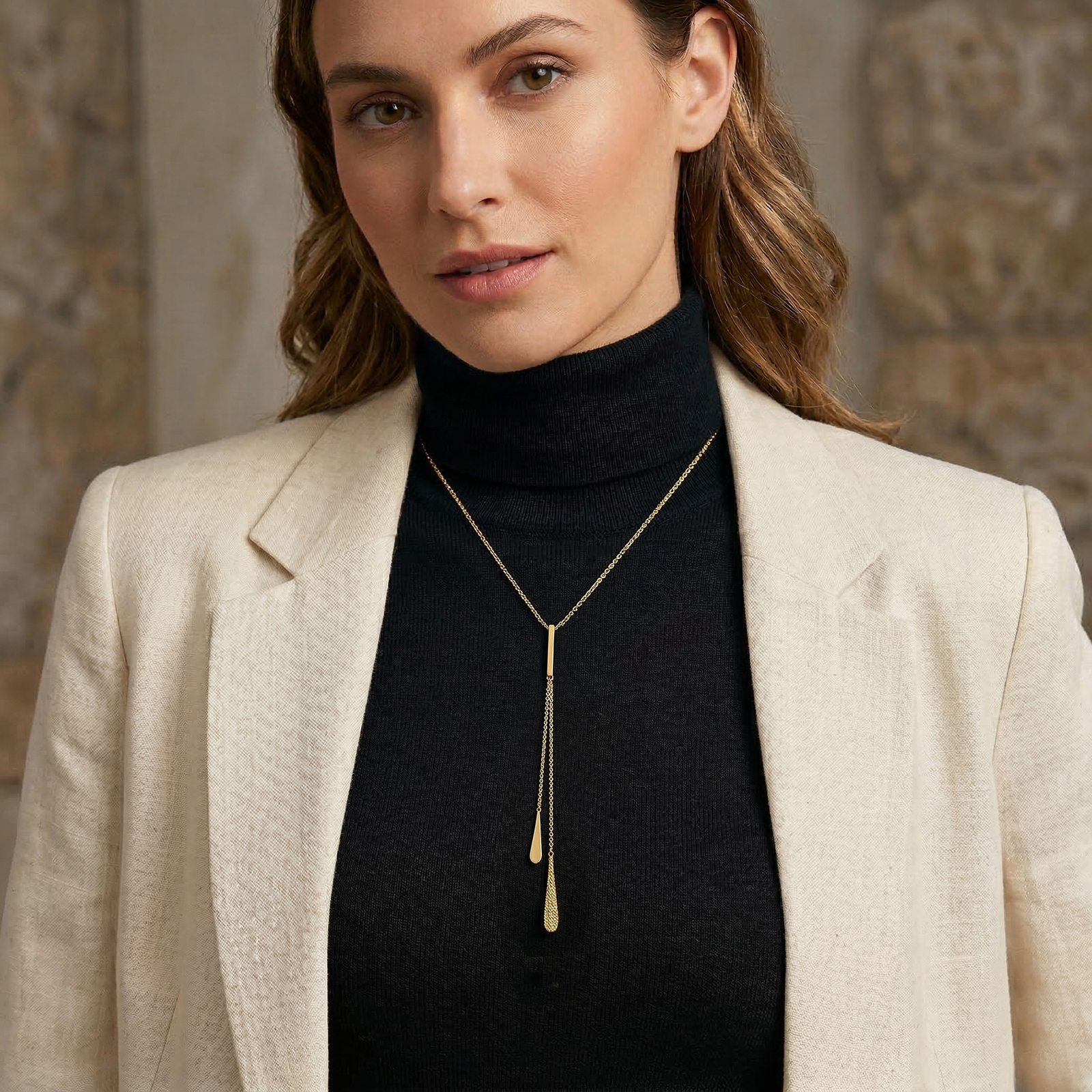 שרשרת זהב 14K עניבה בעיצוב תלוי עם טיפות 42 ס"מ