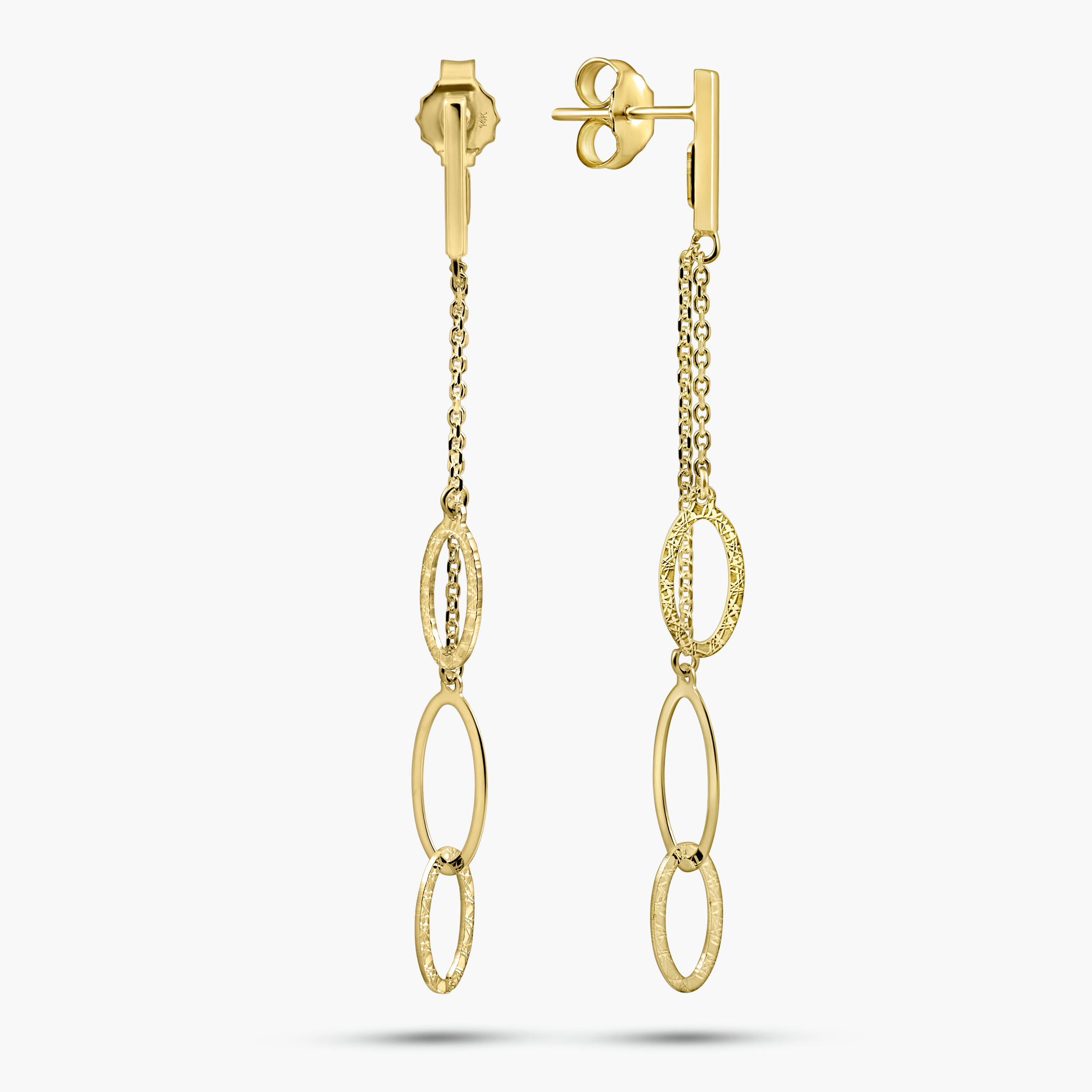 עגילי זהב 14K בעיצוב תלוי עם 3 חוליות אובליות 6.2 ס"מ