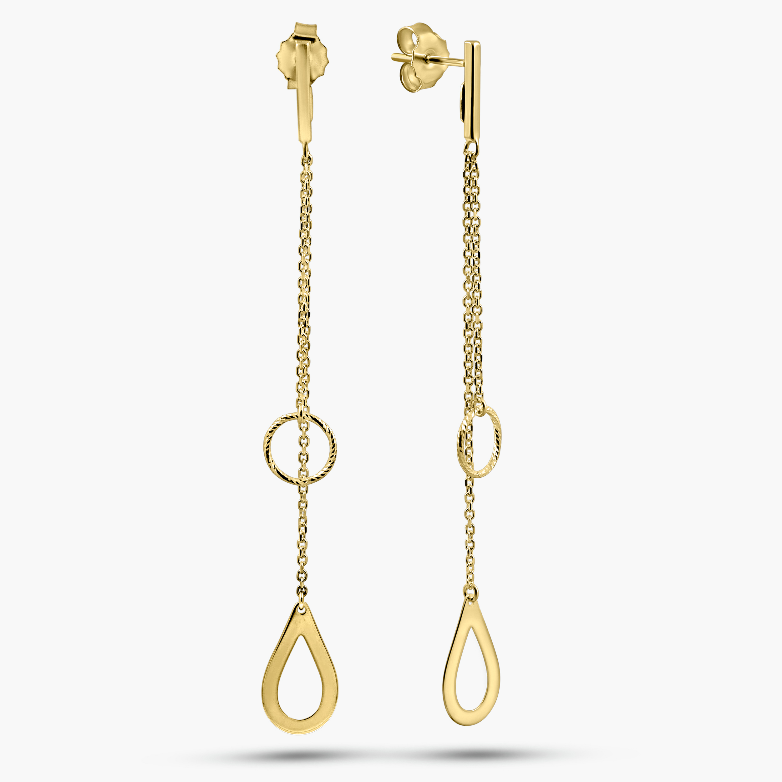 עגילי זהב 14K בעיצוב תלוי א-סימטרי עם טיפה ועיגול