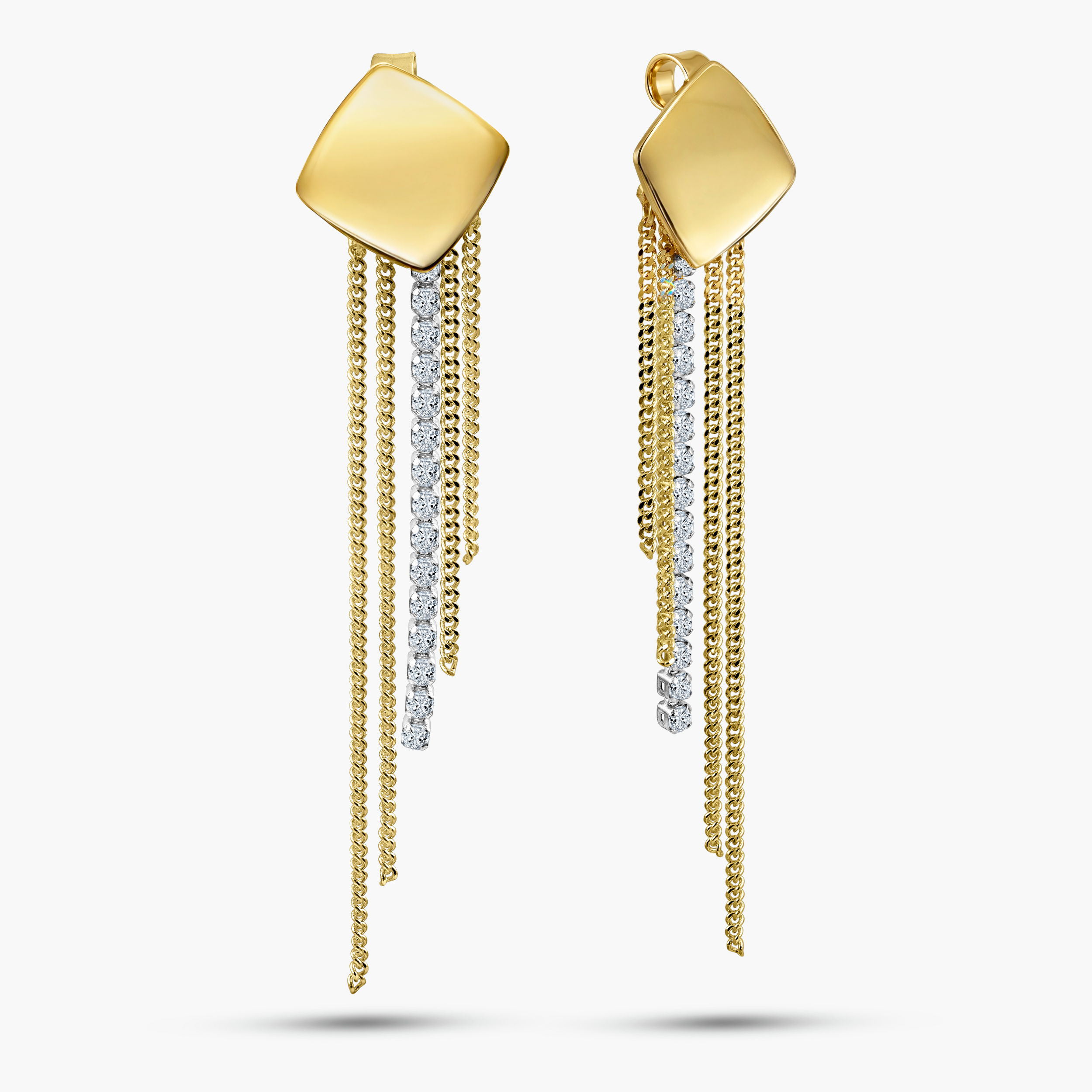 עגילי זהב 14K בעיצוב שרשראות מדורגות עם שיבוץ זרקונים