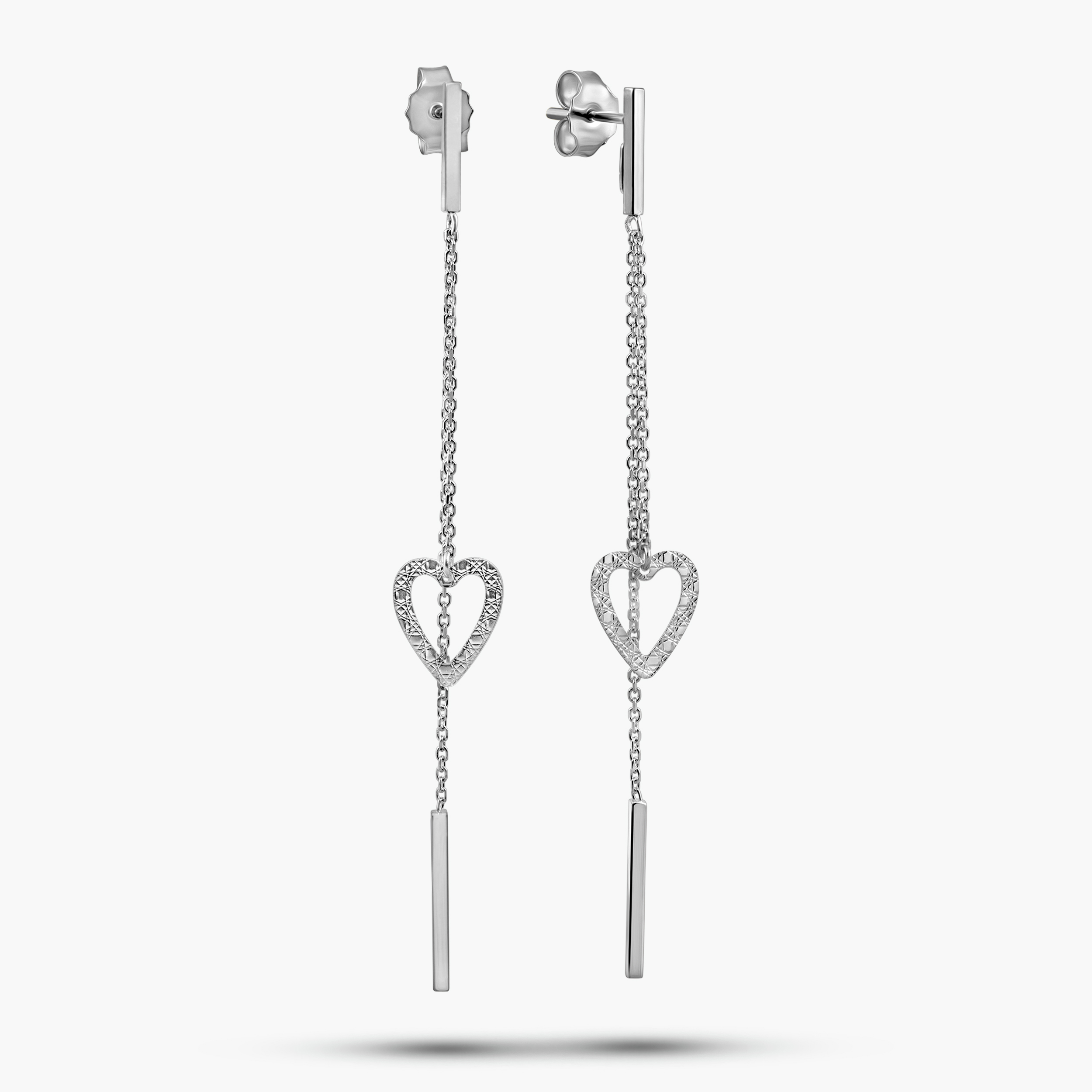 עגילי זהב 14K בעיצוב לב תלוי עם שרשראות מדורגות