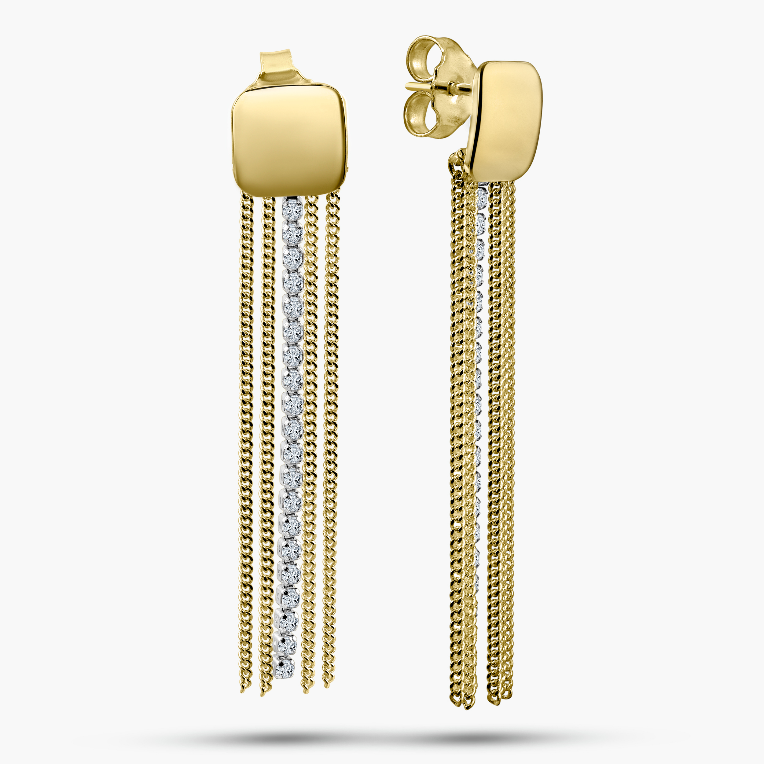 עגילי זהב 14K בעיצוב ריבוע עם שרשראות ושיבוץ זרקונים