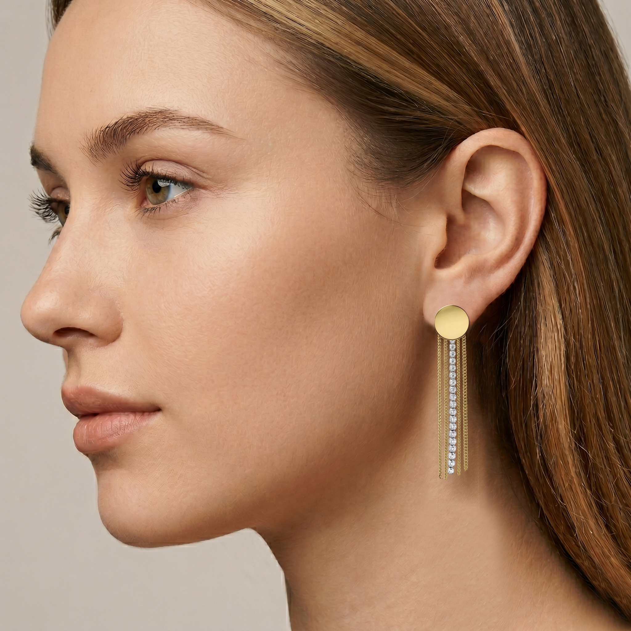 עגילי זהב 14K בעיצוב עיגול עם שרשראות ושיבוץ זרקונים