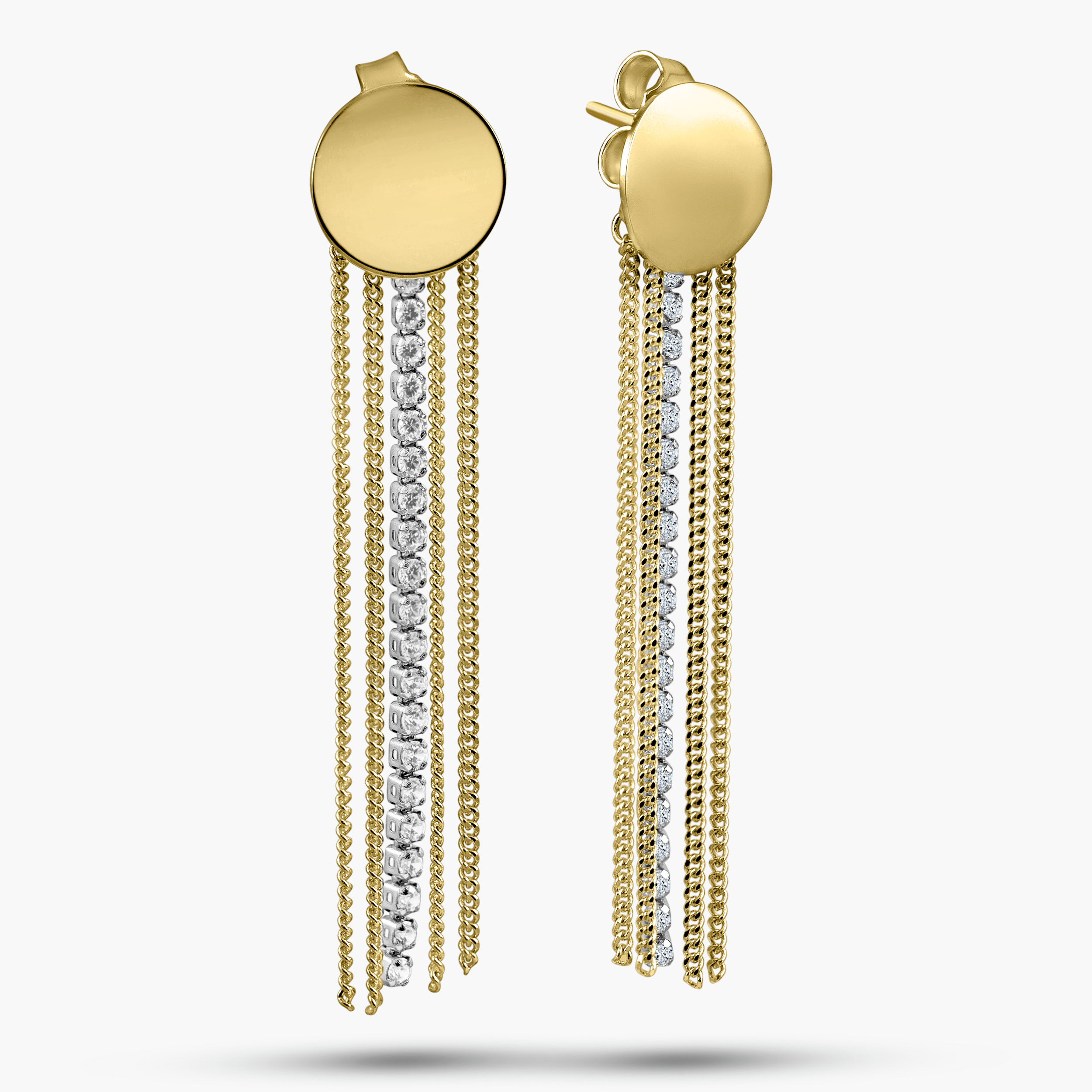 עגילי זהב 14K בעיצוב עיגול עם שרשראות ושיבוץ זרקונים