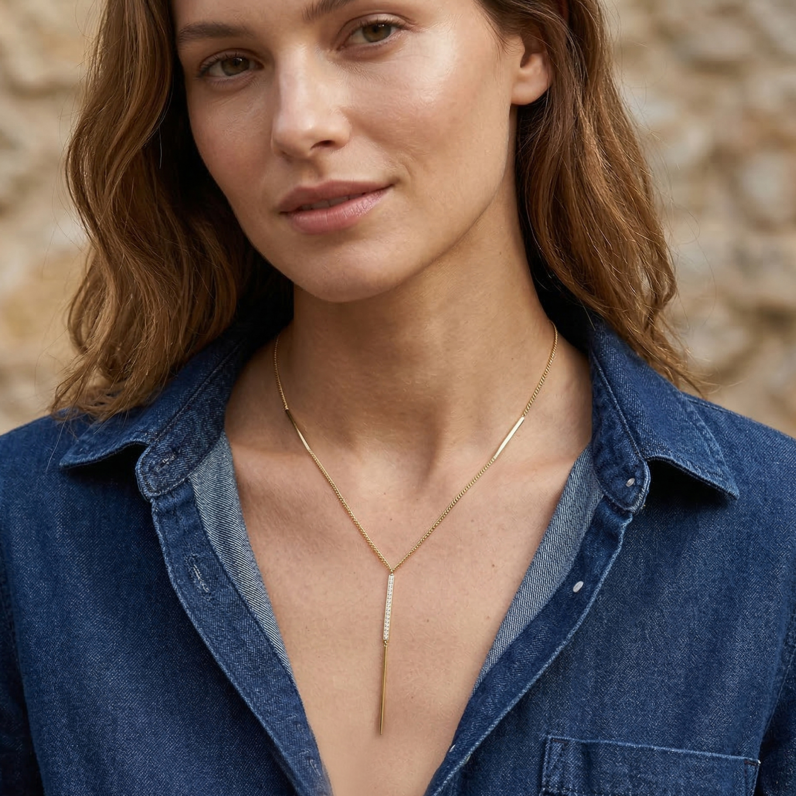 שרשרת עניבה זהב 14K עם תליון משובץ זרקונים