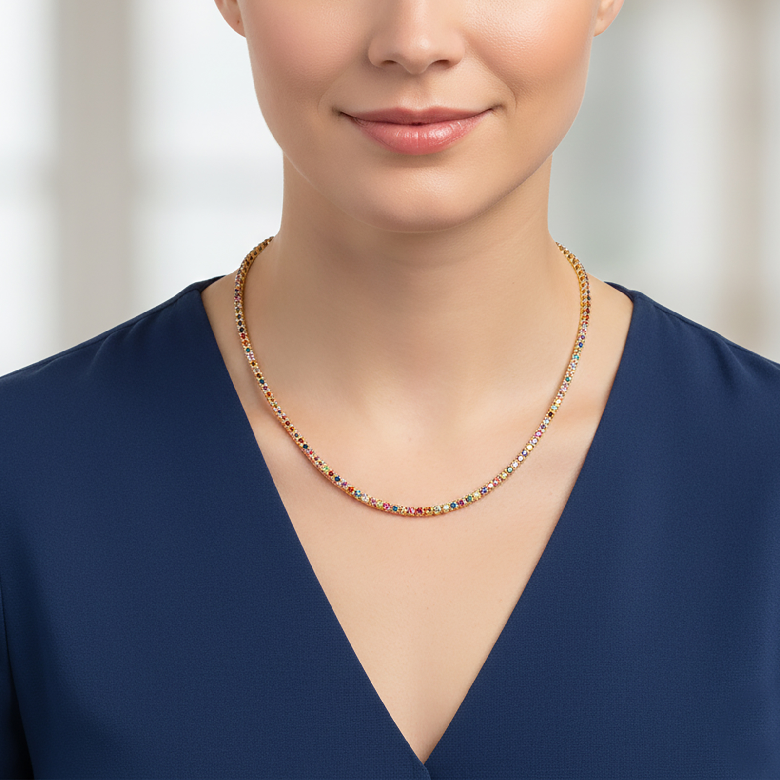 שרשרת טניס זהב צהוב 14K משובצת ספירים צבעוניות