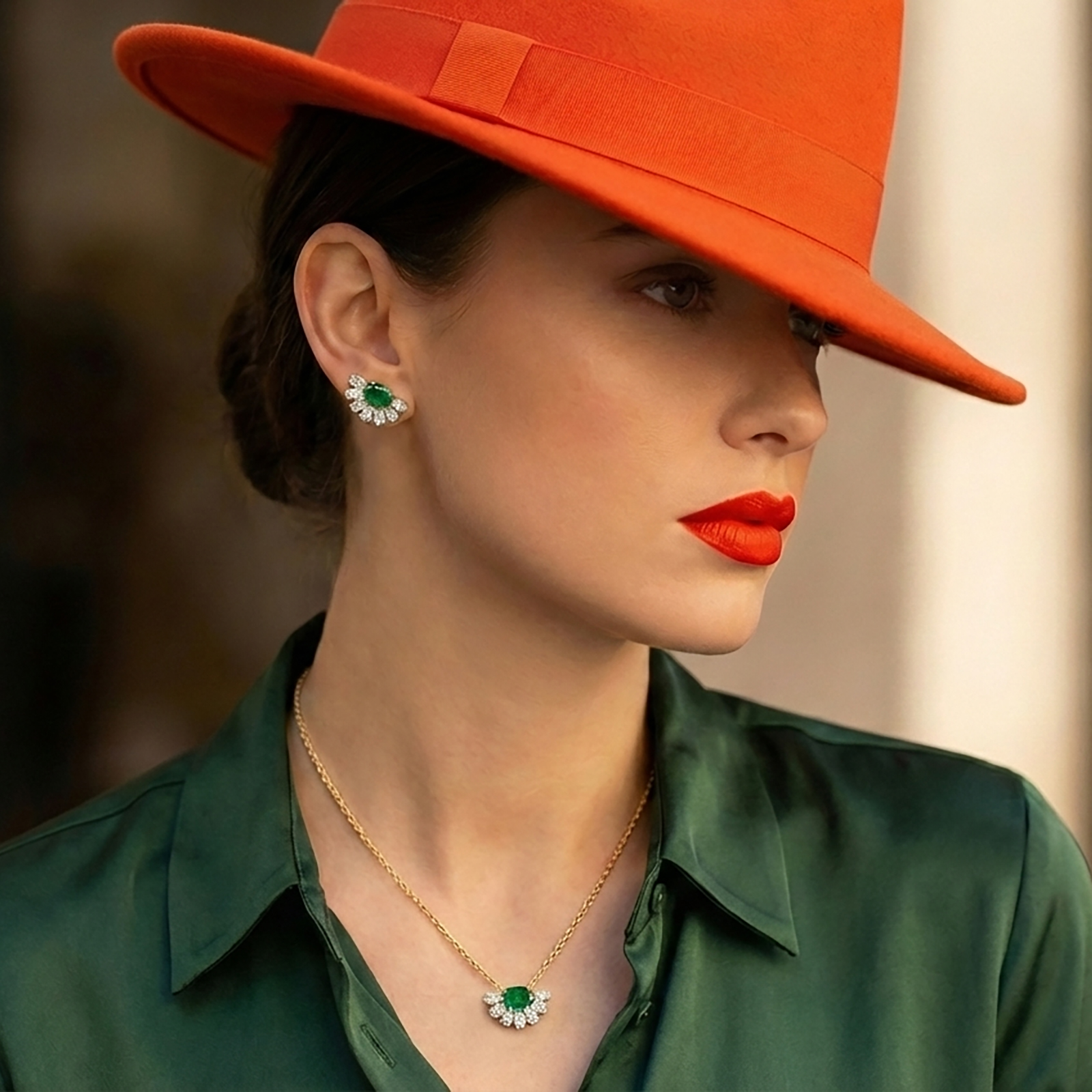 תליון זהב 14K בעיצוב מניפה בשיבוץ אמרלד ויהלומי מעבדה

