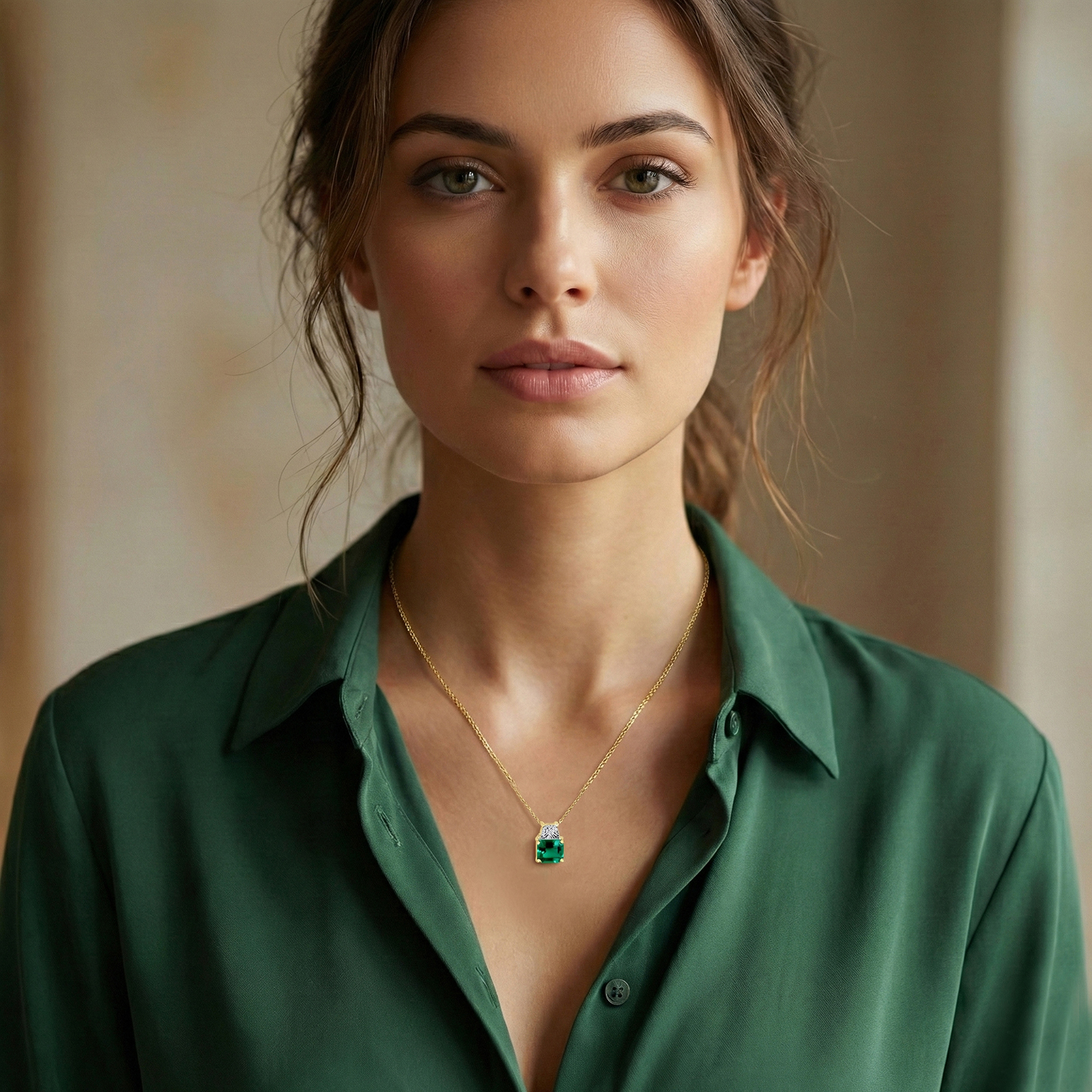 תליון זהב 14K אמרלד עם יהלומי מעבדה בעיצוב דו שכבתי