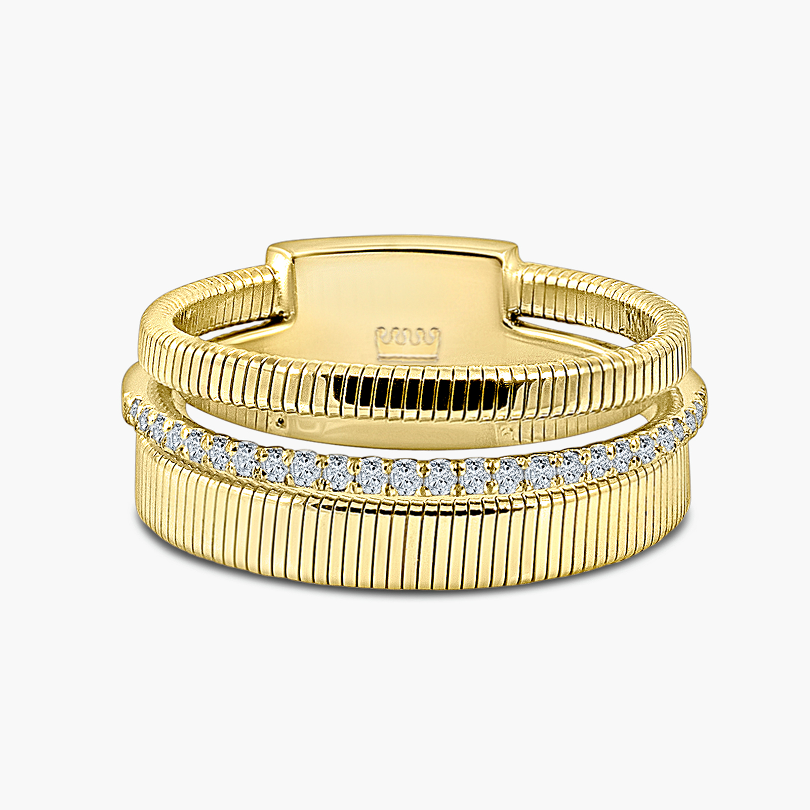 טבעת זהב 14K משובצת יהלומים בעיצוב טקסטורה כפולה רחבה