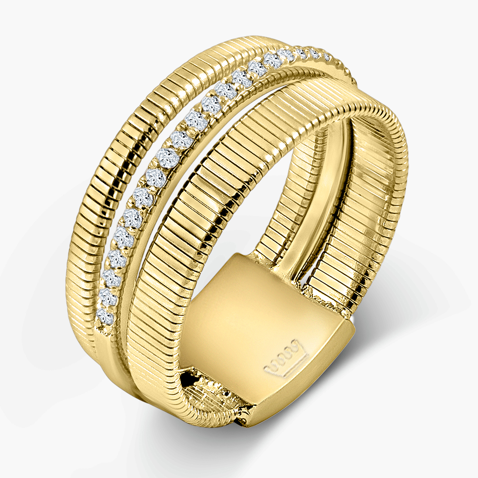 טבעת זהב 14K משובצת יהלומים בעיצוב טקסטורה כפולה רחבה