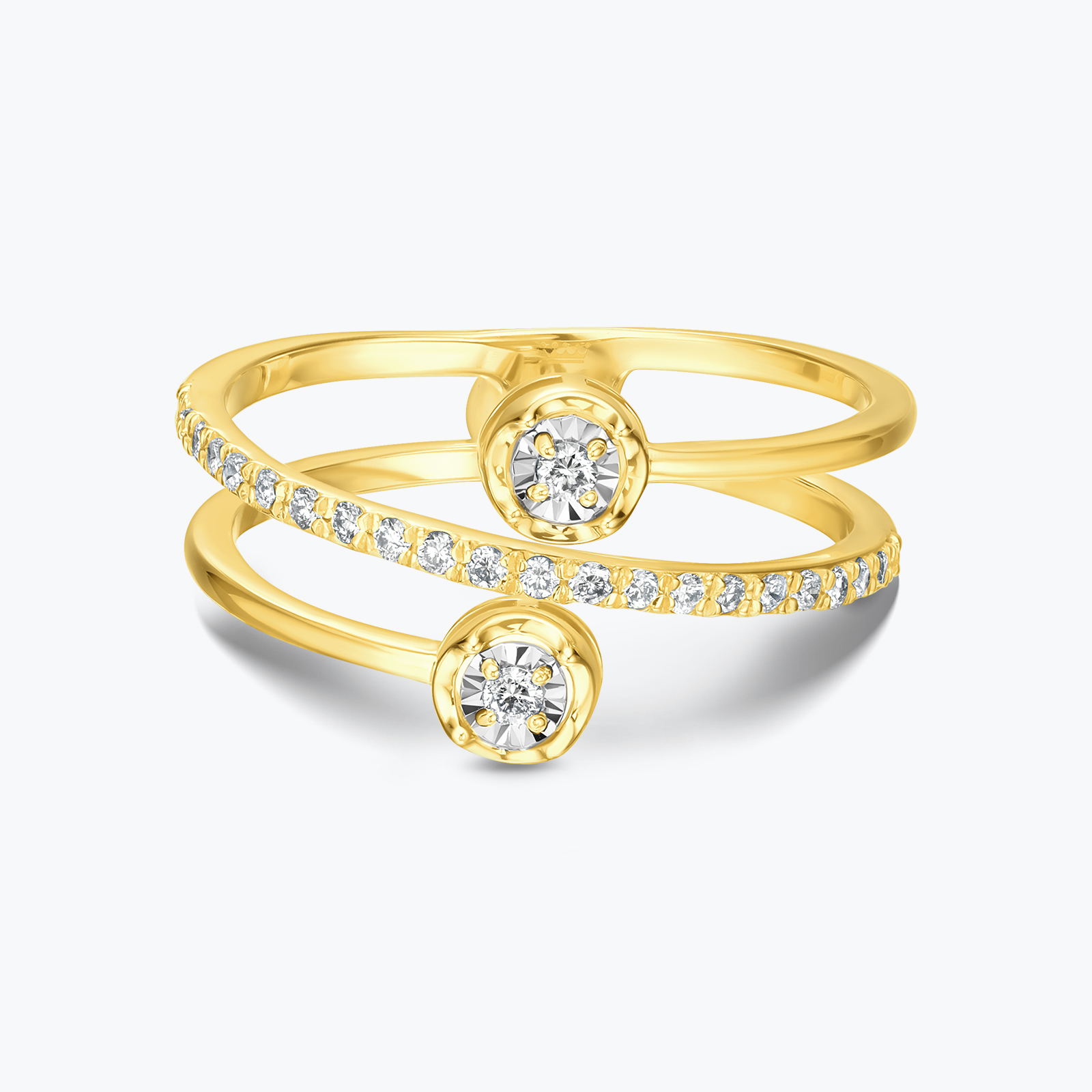 טבעת זהב מתפצלת ל 3 משובצת יהלומים