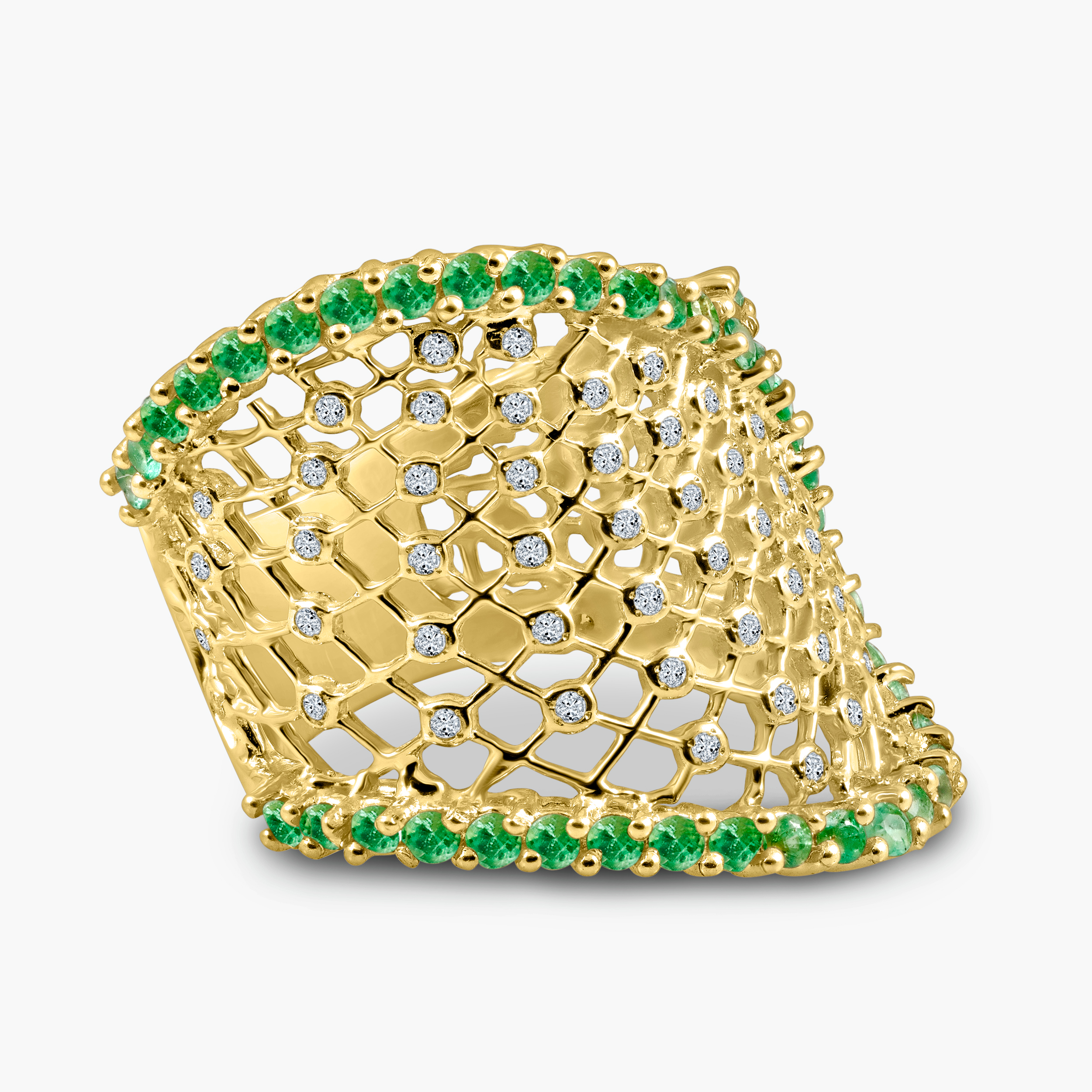 טבעת זהב 14K משובצת יהלומים ואמרלד